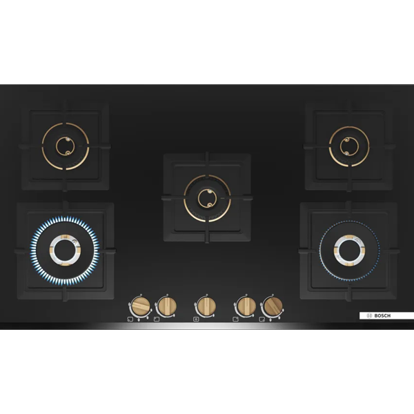 Bosch Built in Gas Hob Glass 5 Burner Auto Ignition 90 cm Full Brass 3D Ring Burners (Black Tempered glass, PNV9B6G20I)