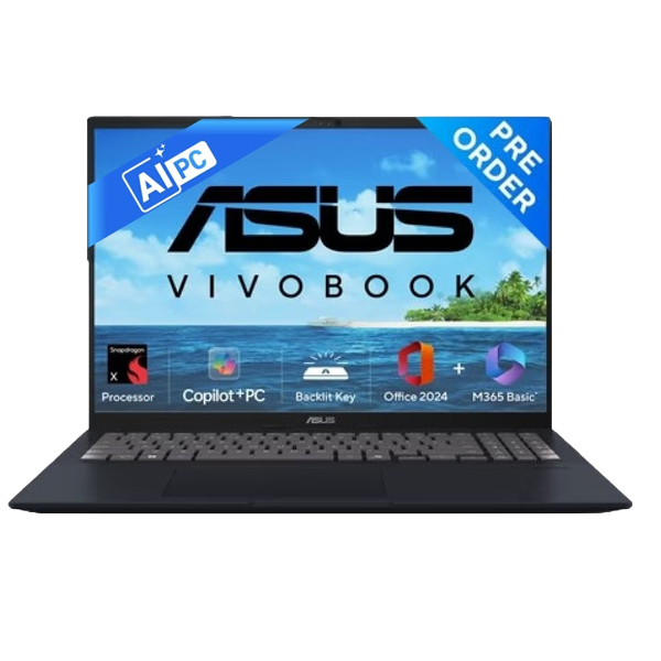 ASUS Vivobook 16, AI Powered Laptop, Snapdragon X X1 26 100 (16GB/512GB/Qualcomm Adreno GPU/40.64 cms (16) WUXGA/Windows 11 Home/Office Home 2024 + M365 Basic (1 Year Validity)*) (ASUS16X1607QAMB049WS)