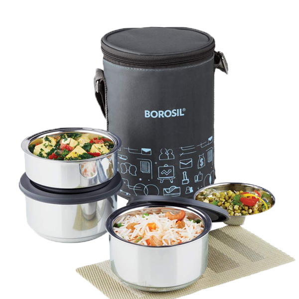Borosil Carry Fresh Round Stainless Steel Lunchbox, 3pc Set (280ml x 2 + 180 ml x 1) (BRSLBCARRYFRESHSS180)