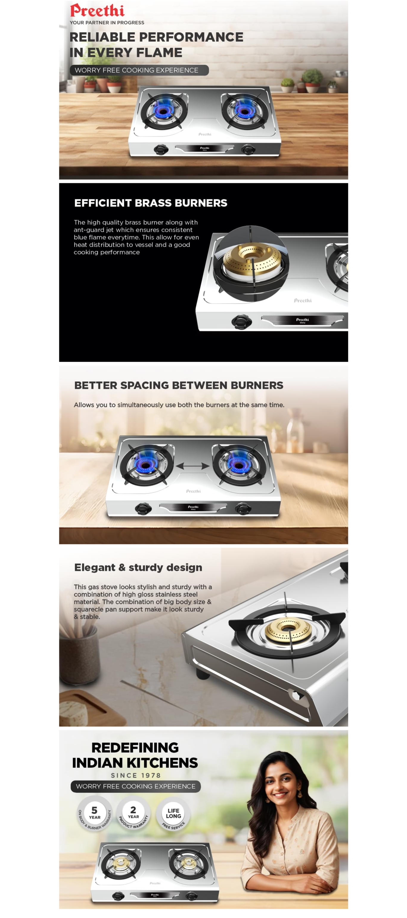 Preethi Glory Stainless Steel 2 Burner Gas Stove (GLORY2B)