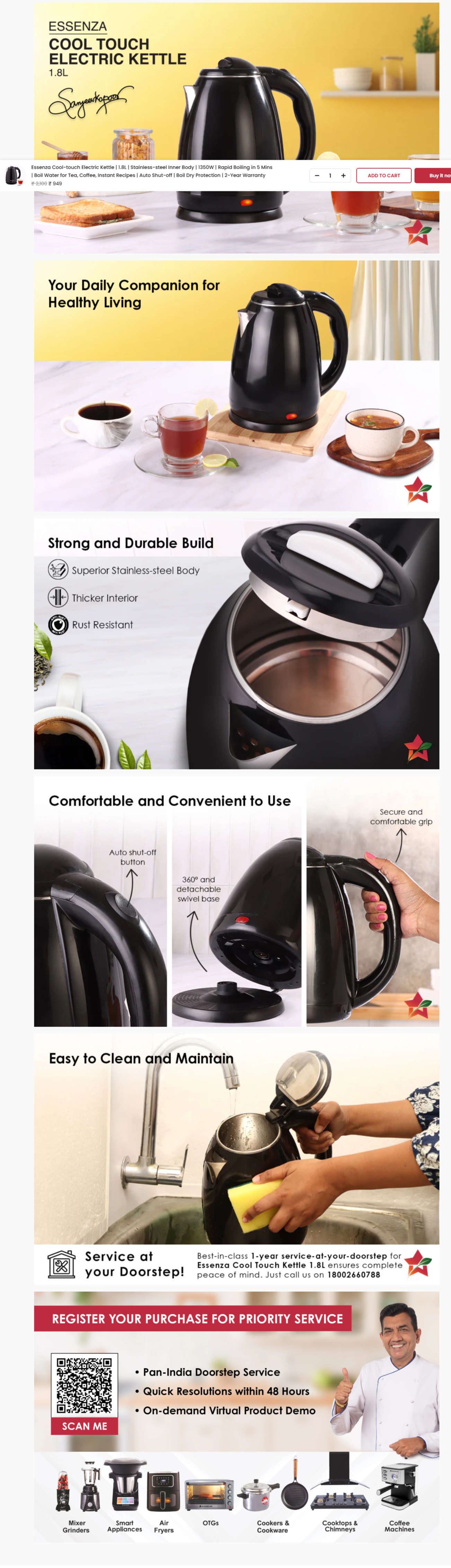 Wonderchef Essenza Cool-touch Electric Kettle | 1.8L ,1350W (WCEKESSENZACOLTC1.8L)