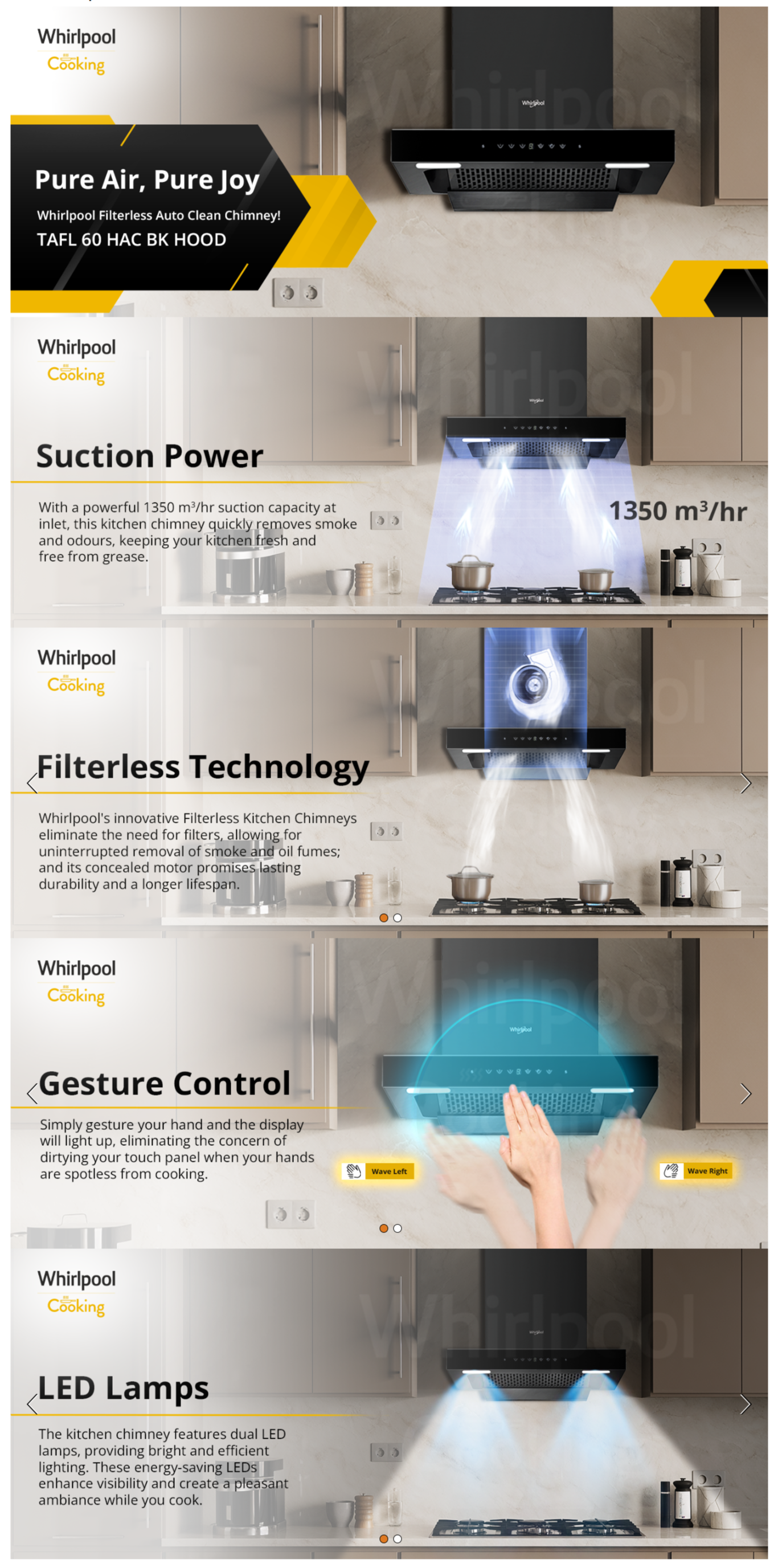 Whirlpool 60cm 1350 m3/hr Filterless Autoclean Kitchen Chimney (TAFL60HACBK)