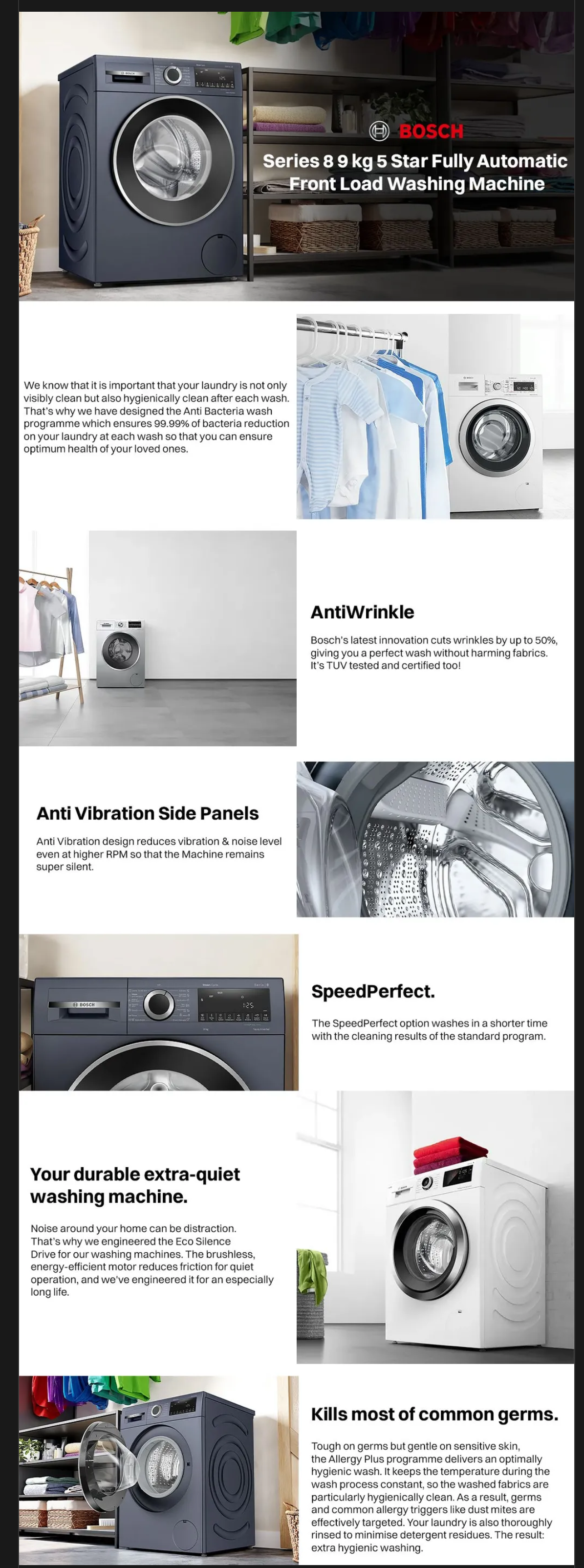 Bosch 9 kg 5 Star Fully Automatic Front Load Washing Machine (Series 6, Anti Wrinkle Feature, Dark Lake, WGA1420PIN)