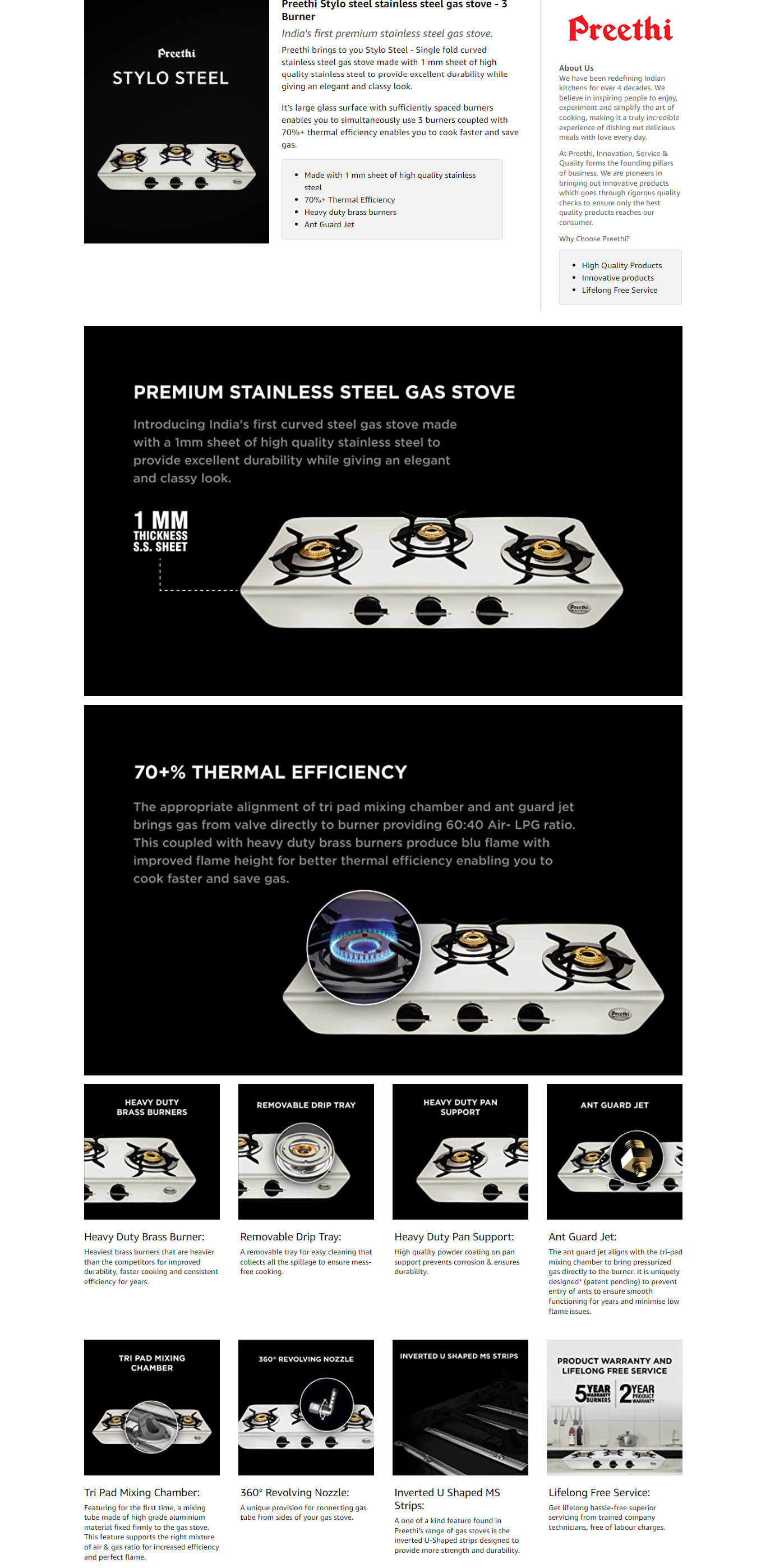 Preethi Stylo steel slim stainless steel 3 burner gas stove, Manual Ignition (STYLOSTEELSLIM3B)