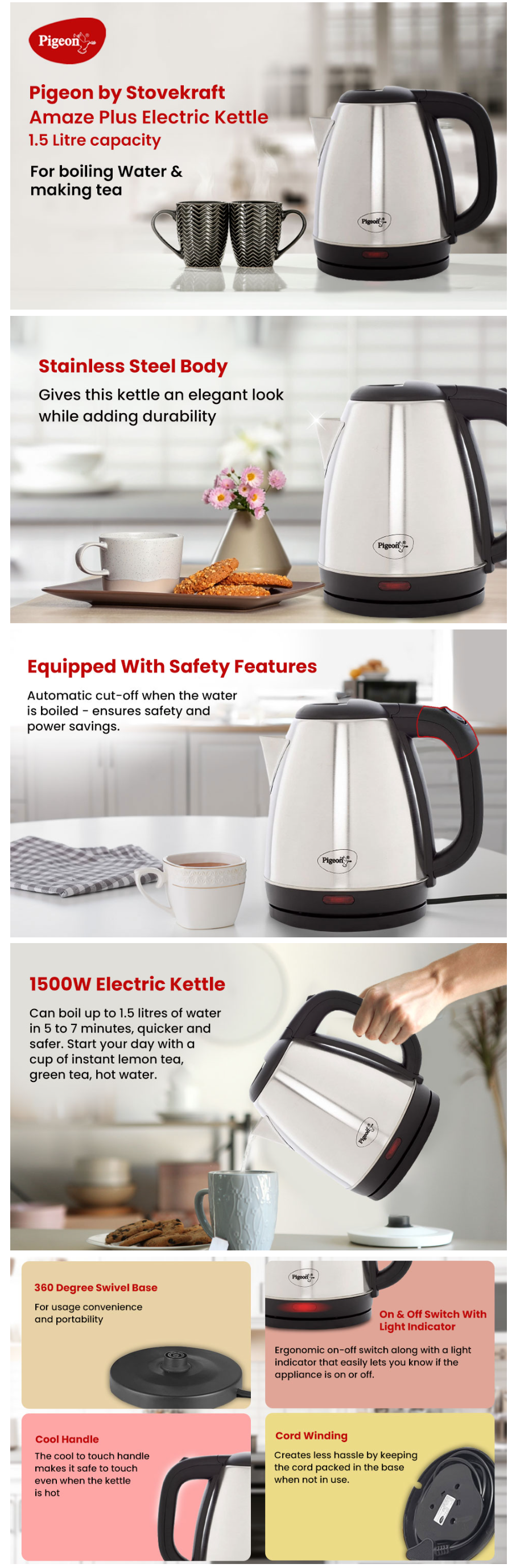 Pigeon by Stovekraft 1.5 Litre Stainless Steel Hot Electric Kettle (PGHOTKETTLE1.5L)