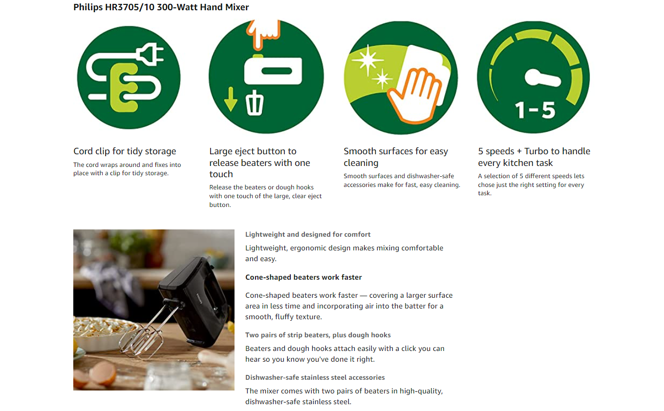 Philips Hand Mixer 300 Watt, Black (HR3705)