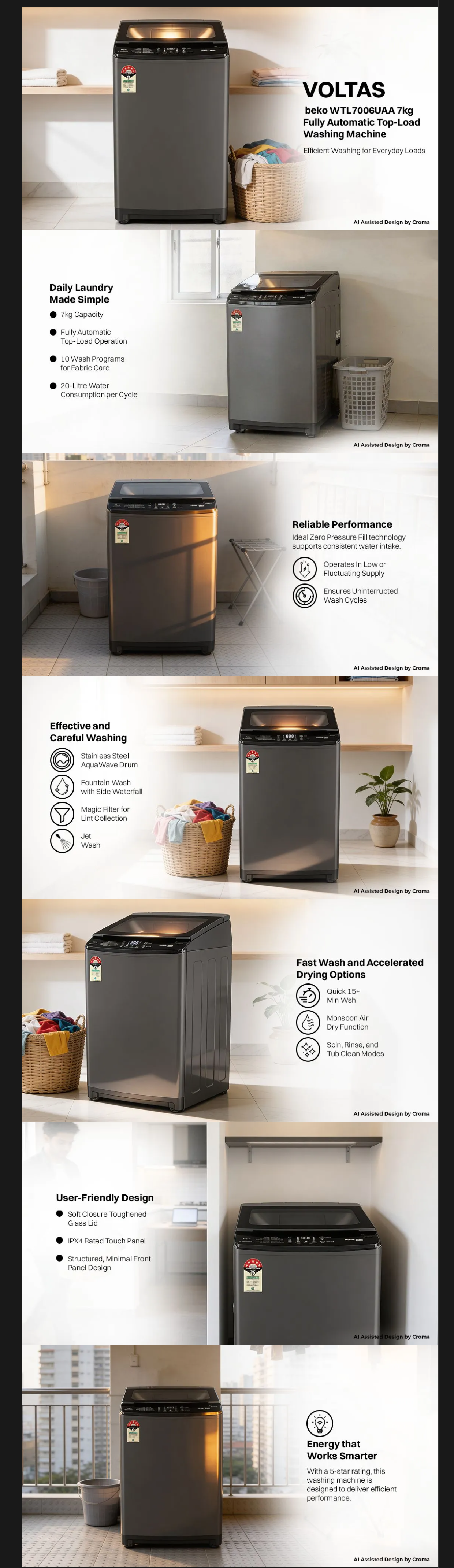 Voltas Beko 7 Kg 5 Star Fully Automatic Top Load Washing Machine (WTL7006UAASPC)