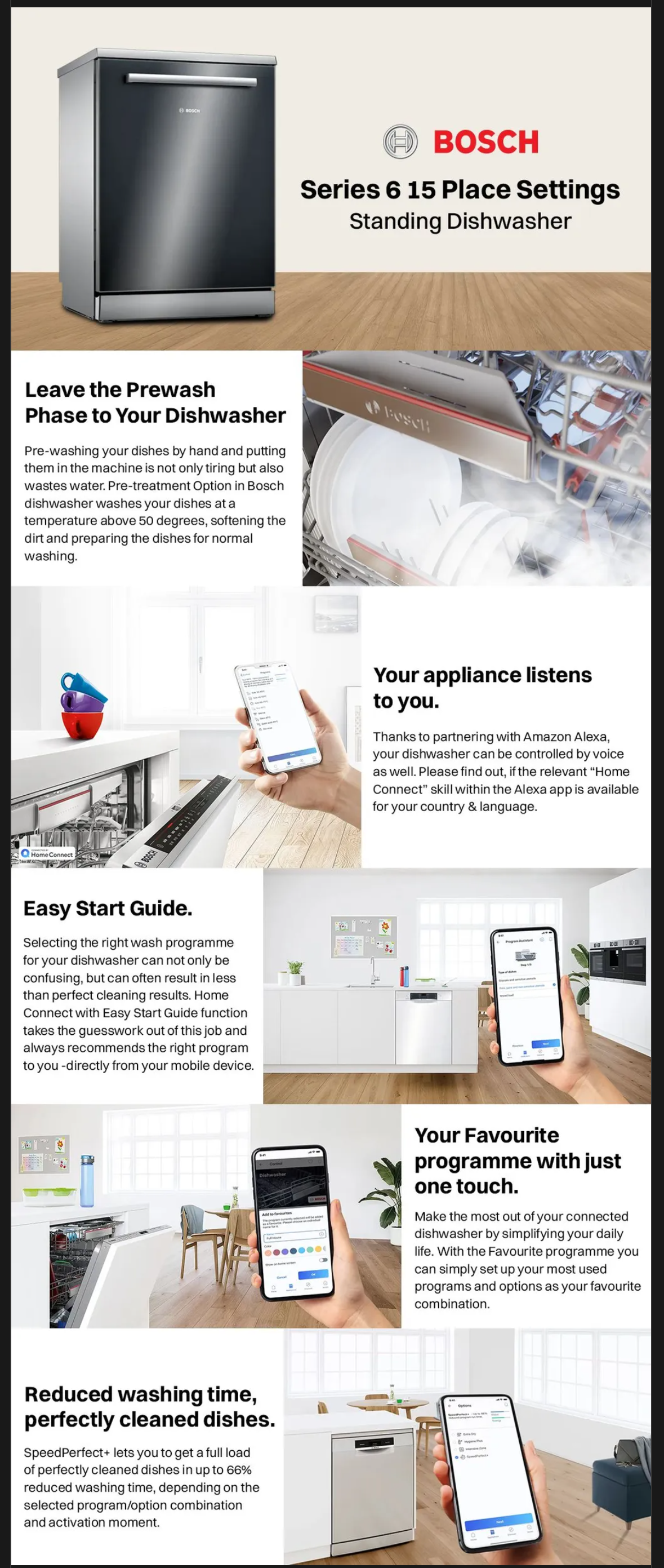 Bosch Series 6 15 Place Settings Free Standing Dishwasher with Eco Silence Drive (No Pre-rinse Required, SMS4HMB62T)