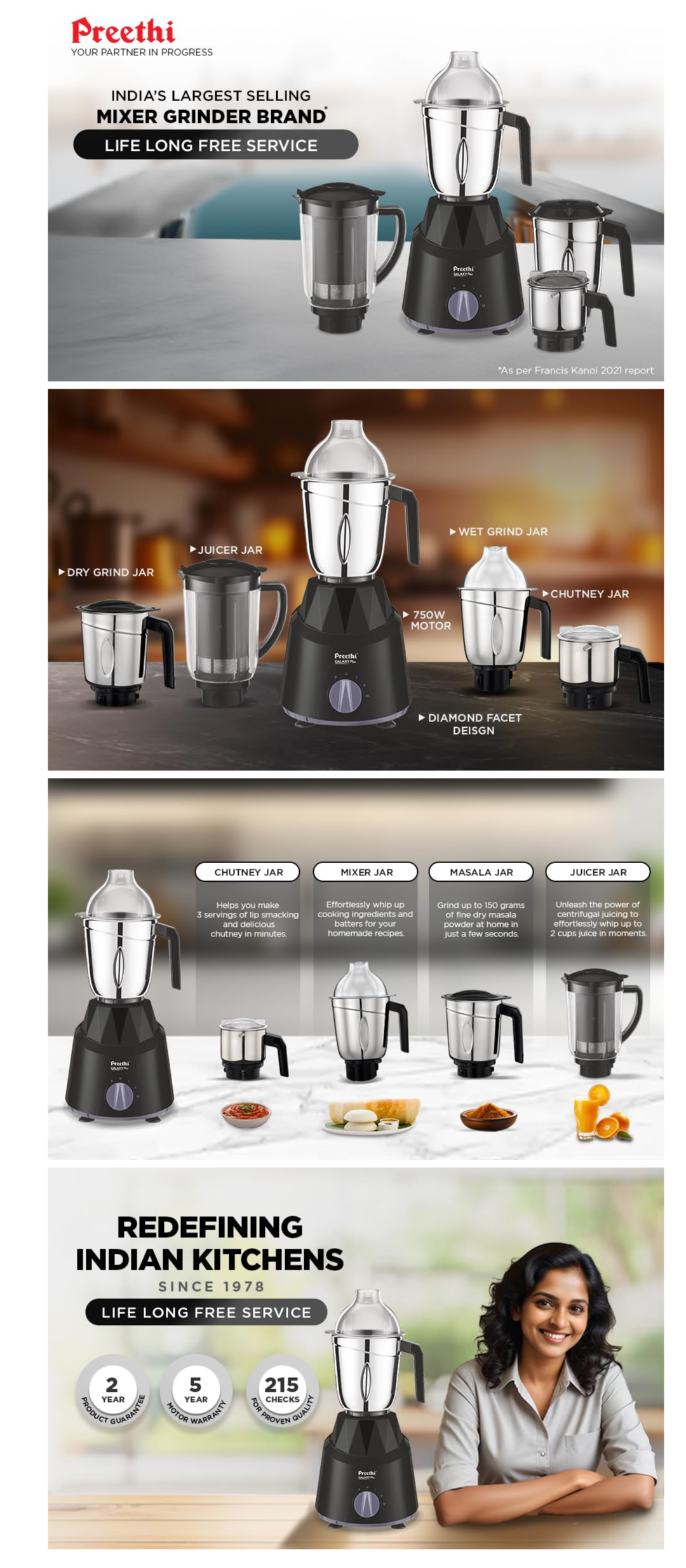 Preethi Galaxy Plus MG 250 - Super Extractor Juicer Jar, Vega W5 Motor, 750 Juicer Mixer Grinder 4 Jars, Black (GALAXYPLUS750W)