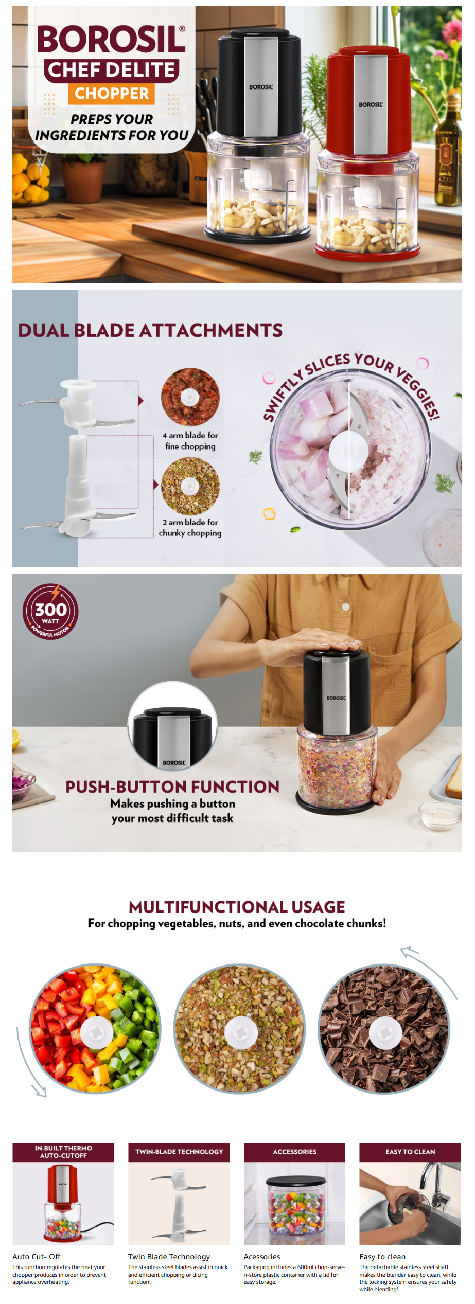 Borosil Chef Delite 300 Watts Electric Vegetable Chopper with Dual Blade (Red, BRSCHEFDELITE300W)