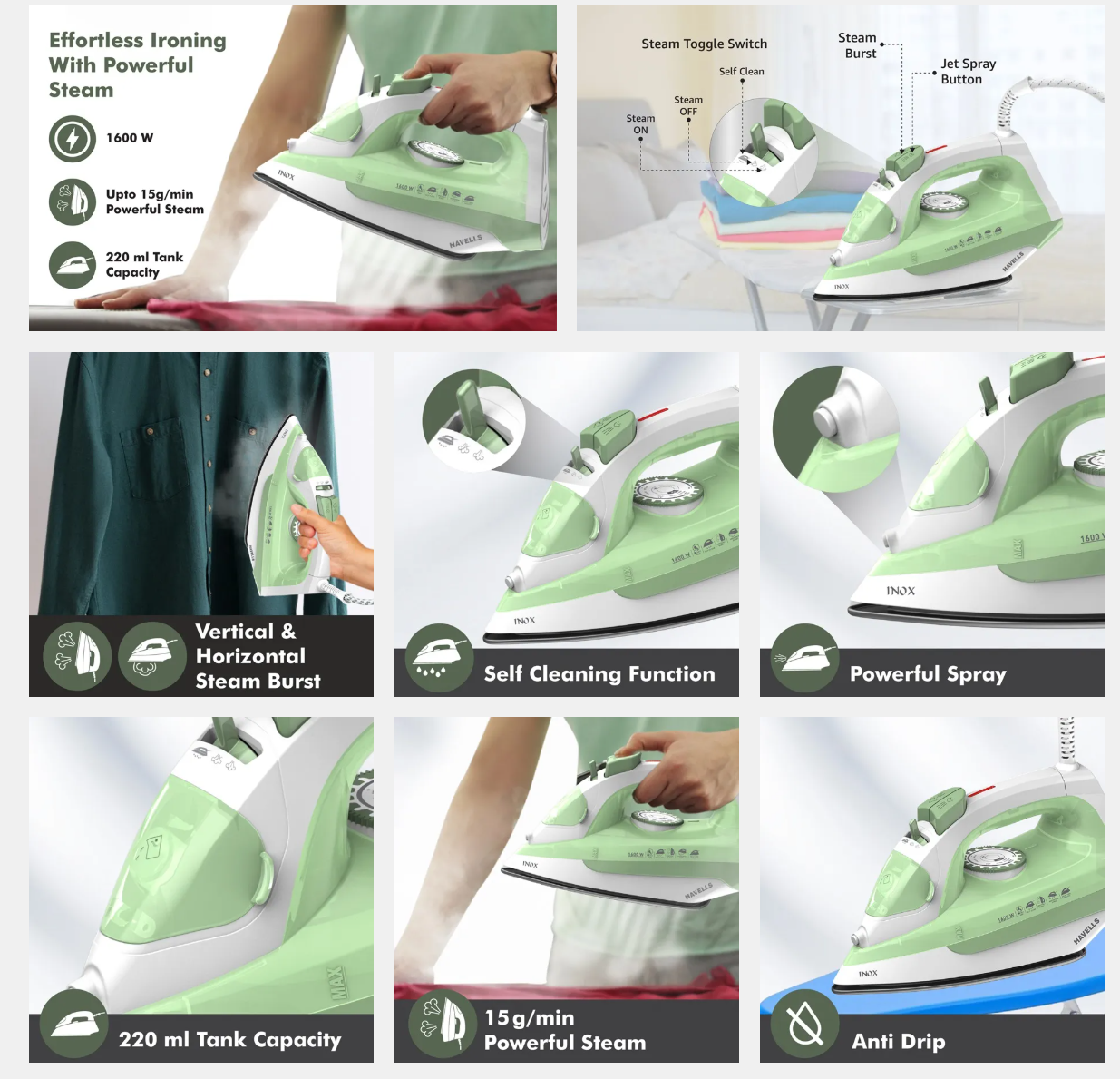 Havells Inox Steam Iron 1600W with PTFE Soleplate (INOX1600WSI)