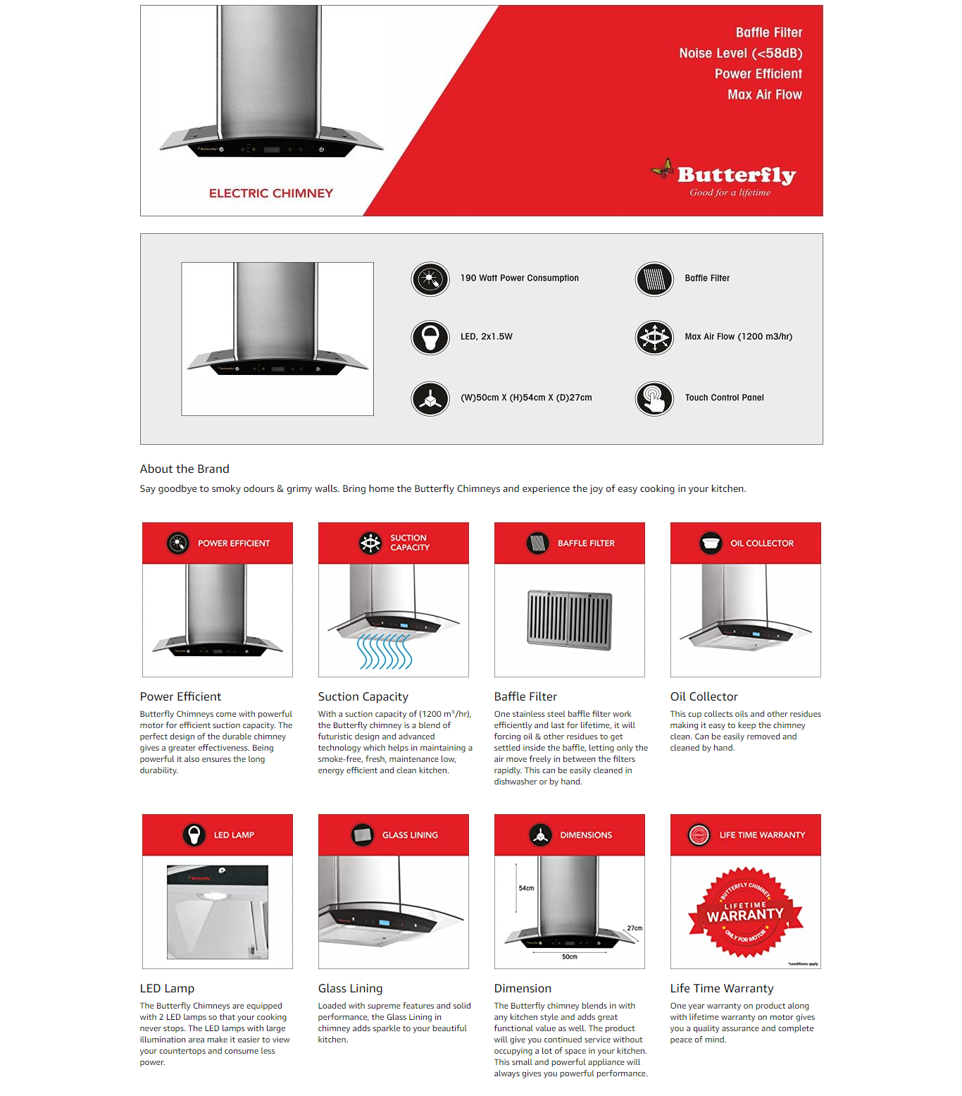 Butterfly Reflection Auto Clean Wall Mounted Chimney  (Silver 1200 m3/h) - (REFLECTIONPLUS90EC)