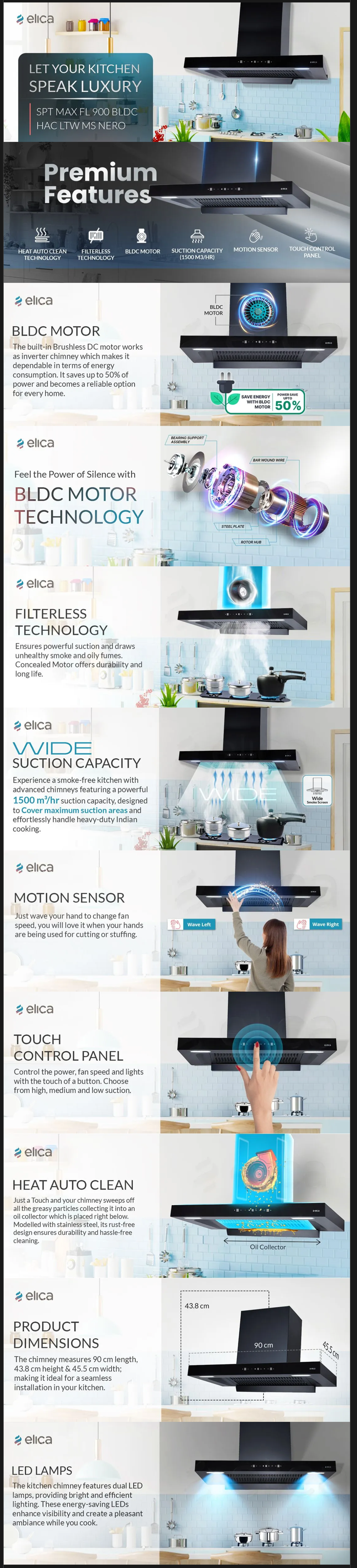 Elica 90cm 1500 m3/hr BLDC Filterless Autoclean Kitchen Chimney (SPTMAXFL900BLDCMSNER)