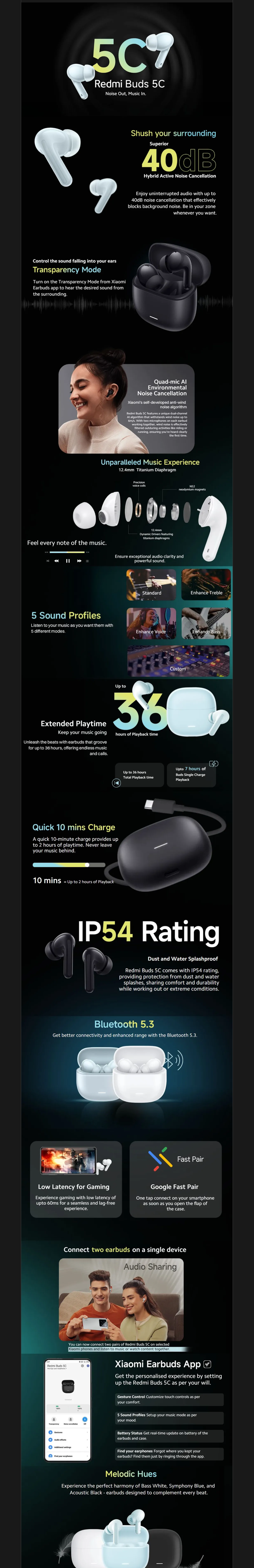 Redmi Buds 5C Bluetooth TWS in Ear Earbuds (10 Mins Quick Charge, Up to 40Db Hybrid Noise Cancellation, RMB5C2025)