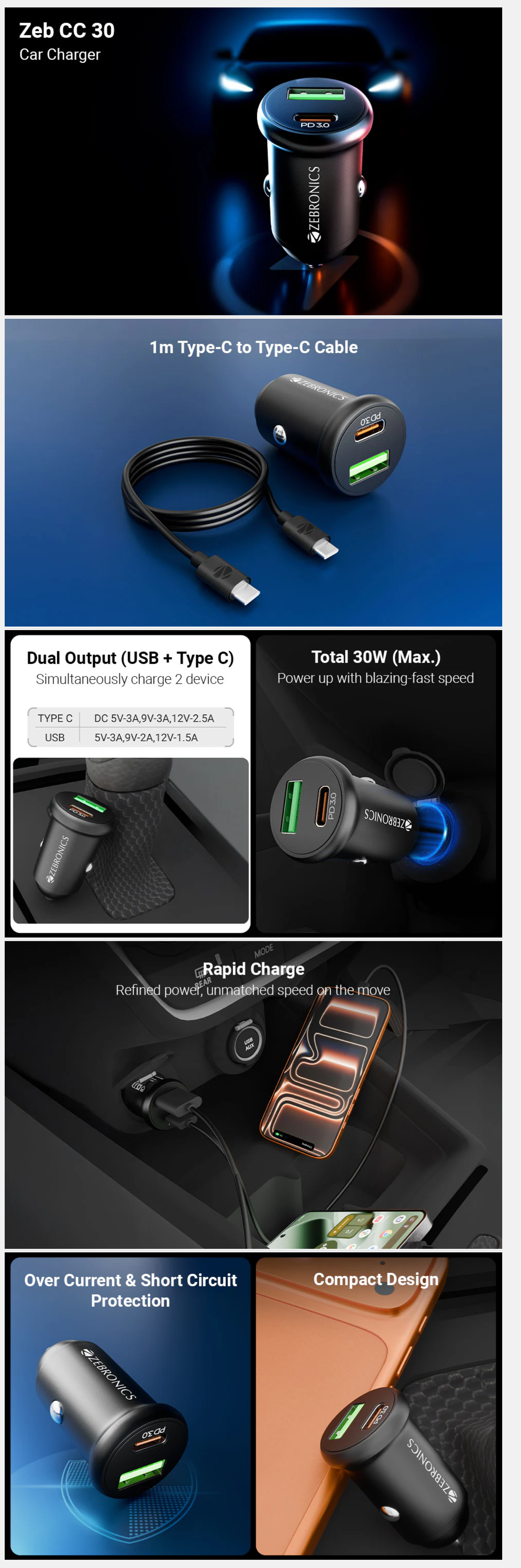 Zebronics 30W Car Charger with Dual-Output - Type-C & USB (ZEBCC30)