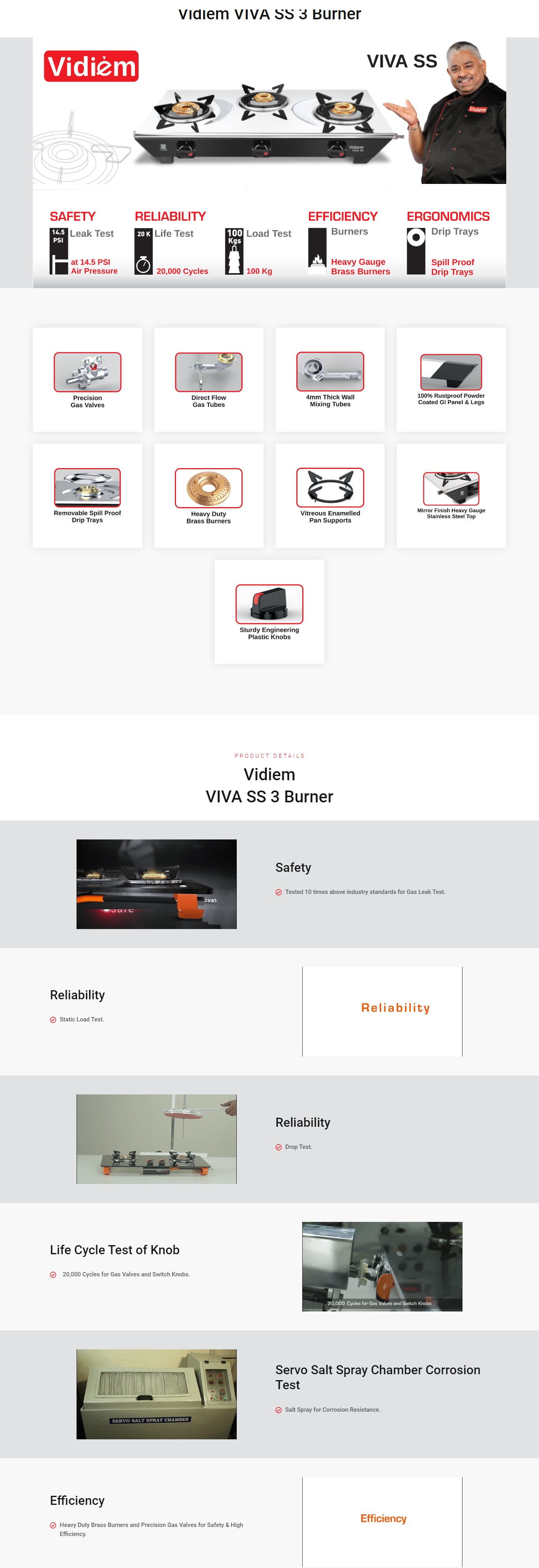Vidiem Viv a SS 3B Stainless Steel Gas Stove 3 Burners (VIDIEMVIVAPRO3B)