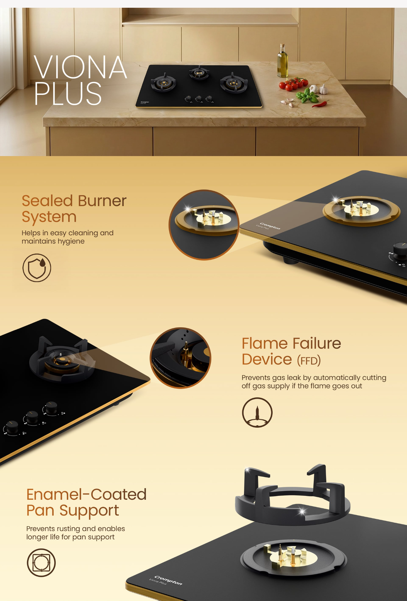 Crompton Hob Viona Plus 78 Cm 3 Burner (VPDC783MBL)