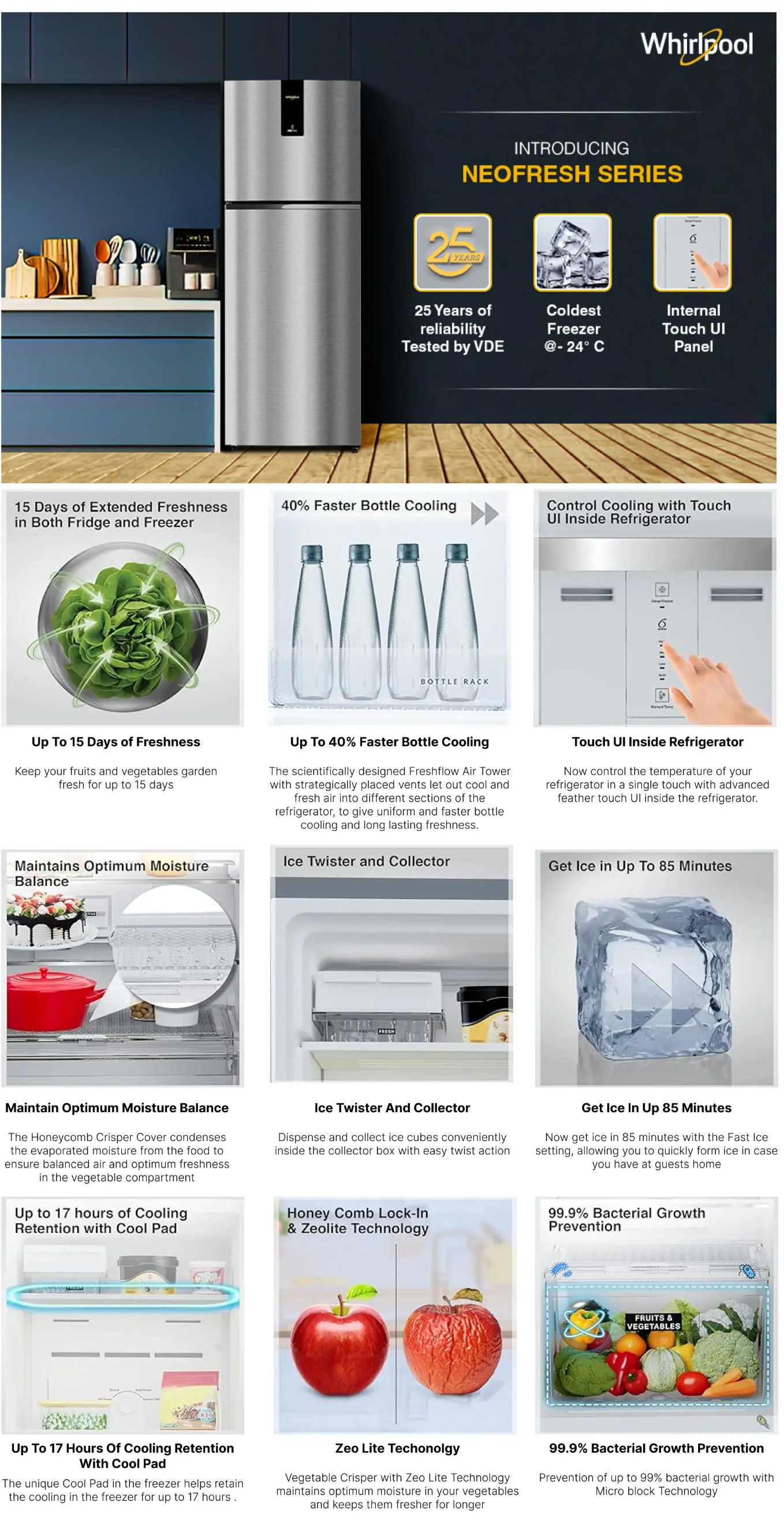 Whirlpool 259L 2 Star Frost Free Double Door,Refrigerator (NEODF305PRMTITSL2STL)