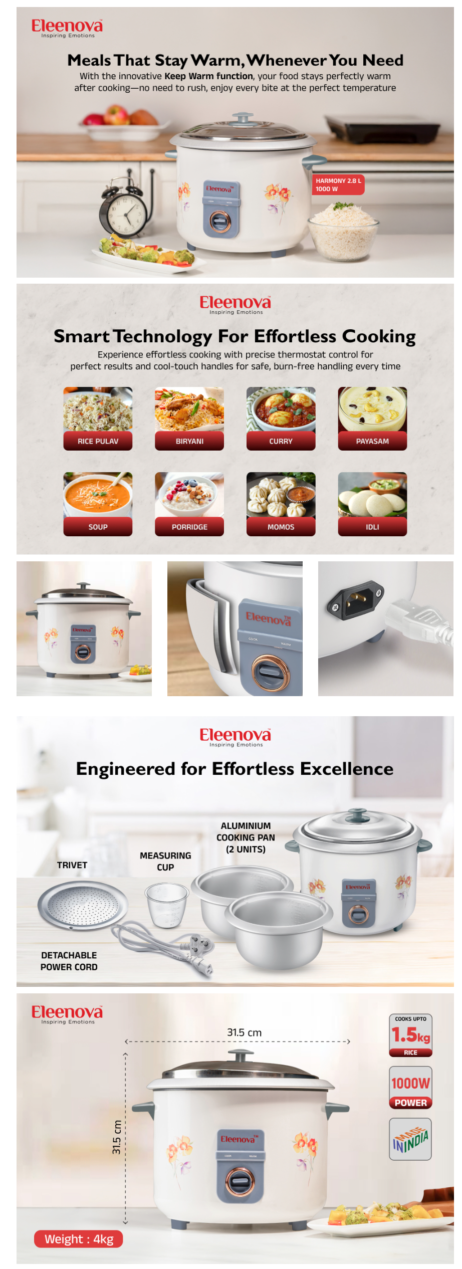 Eleenova  Harmony 2.8 Litres,1000 W Rice Cooker with Double Bowl (ELERCHARMONY2.8L)