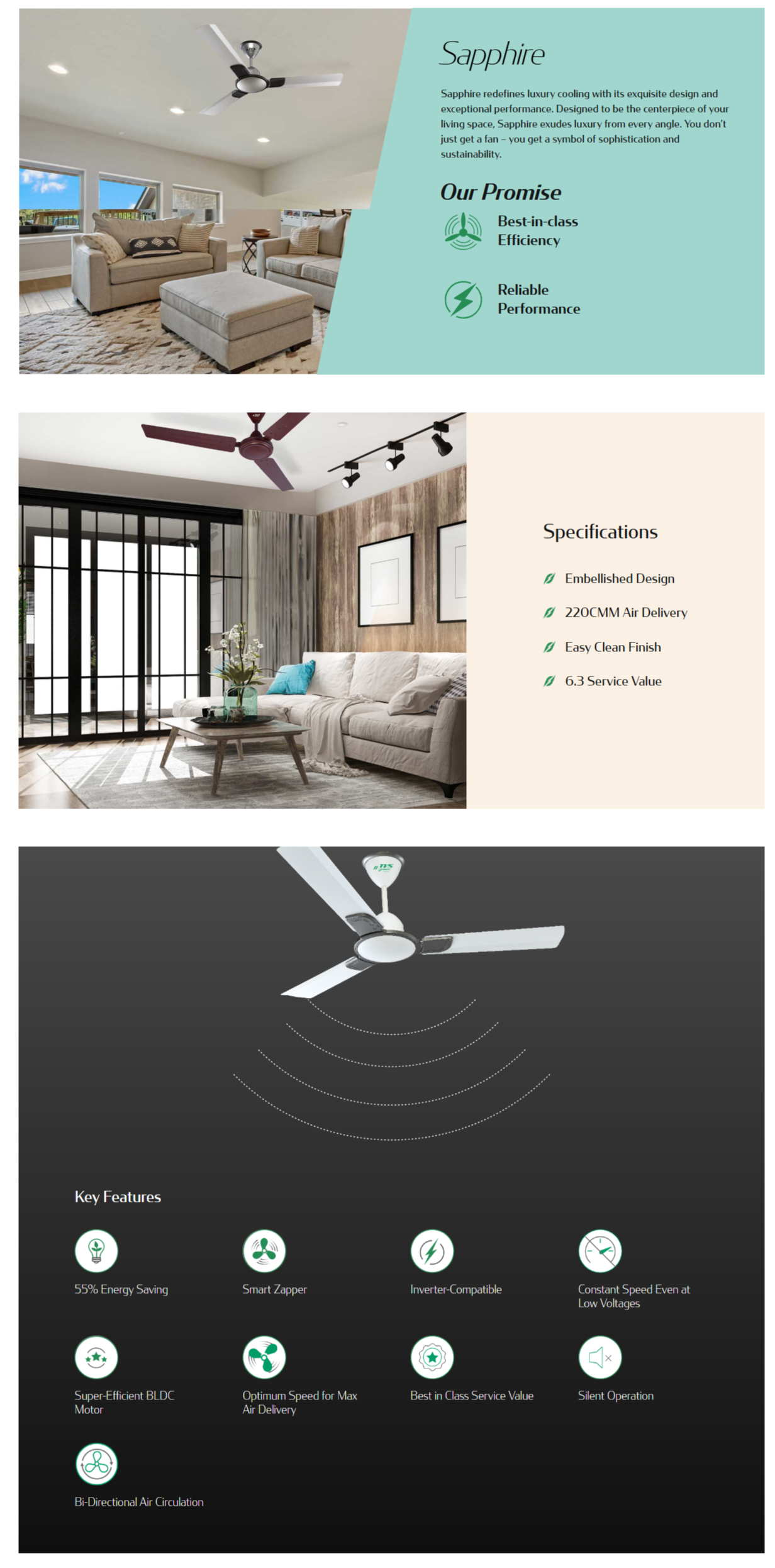 TVS Green Ceiling Fan 48 Sapphire BLDC RF Remote 5 Star (48SAPPHIREBLDCRF5S)