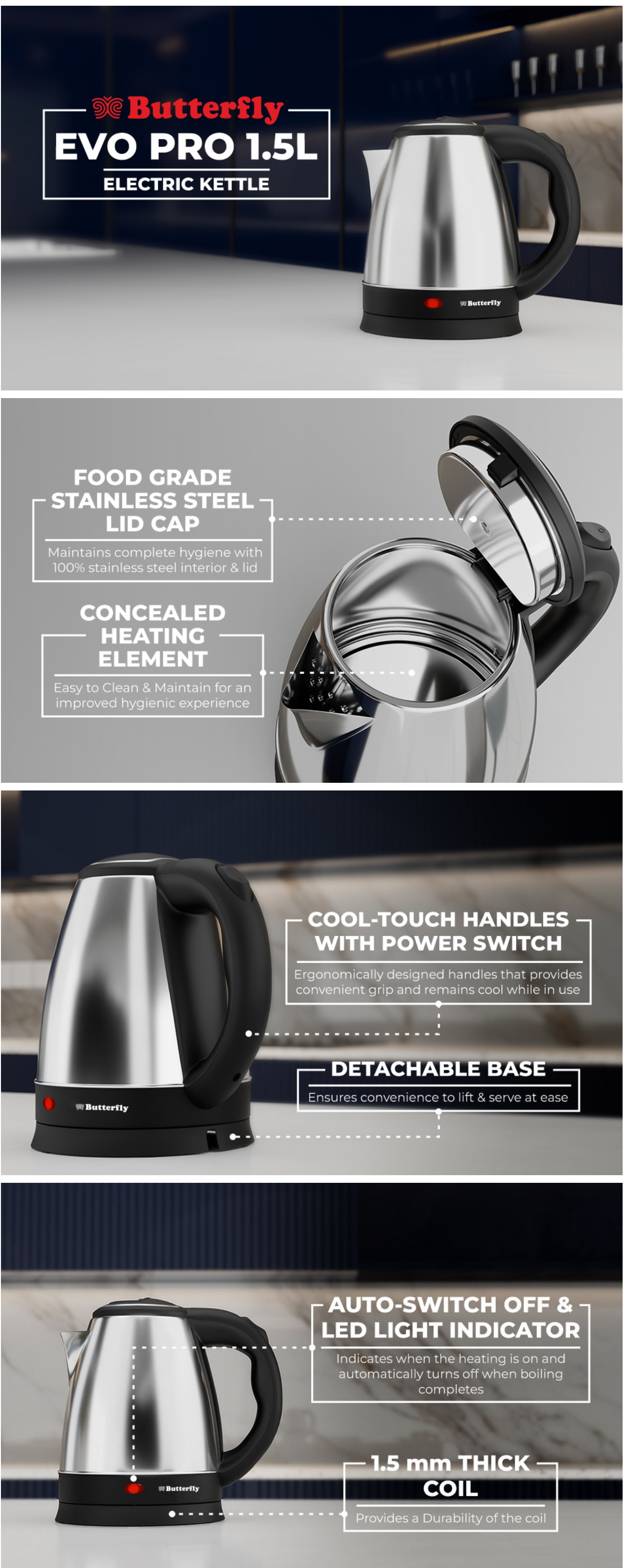 Butterfly Evo Pro 1.5L Electric Kettle | 1350 W | 360 degree Swivel Power Base | Auto Shut Off (1.5LEVOPRO1350W)