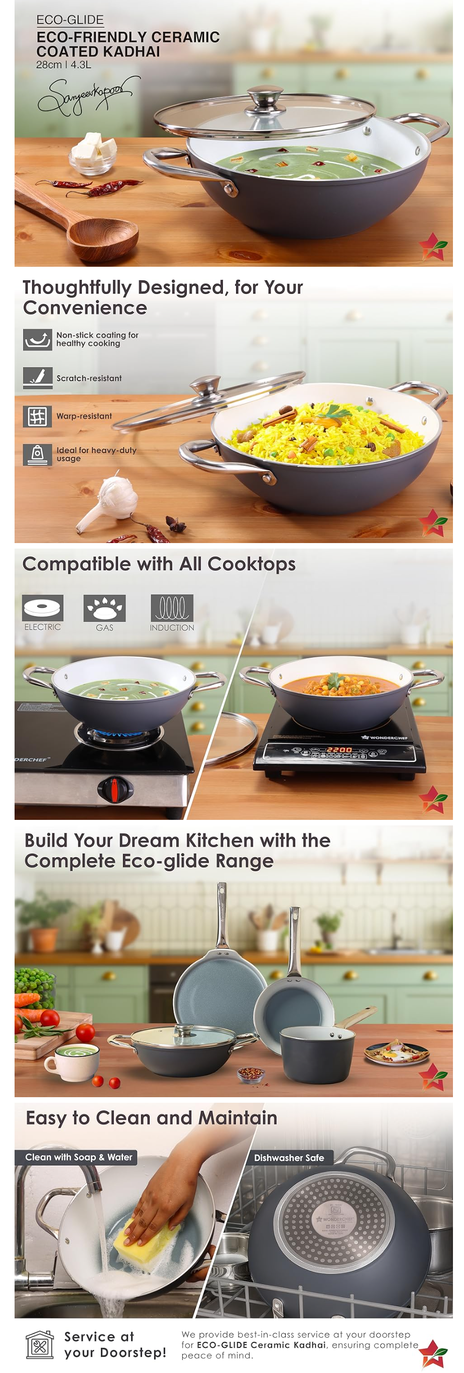 Wonderchef Eco-Glide Kadhai  4.3L with Glass Lid 28cm (WCKGECOGLIDECERA28CM)