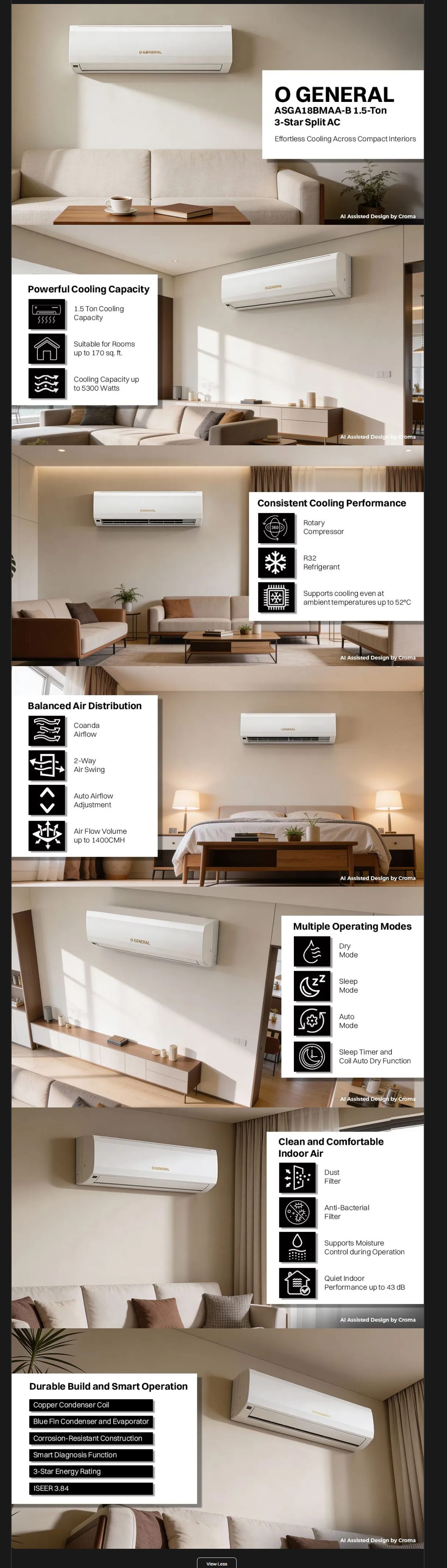O GENERAL BMA Series 1.5 Ton 2 Star Split AC Copper Condenser, Dust Filter (1.5TASGA18BMAAB2SIU)