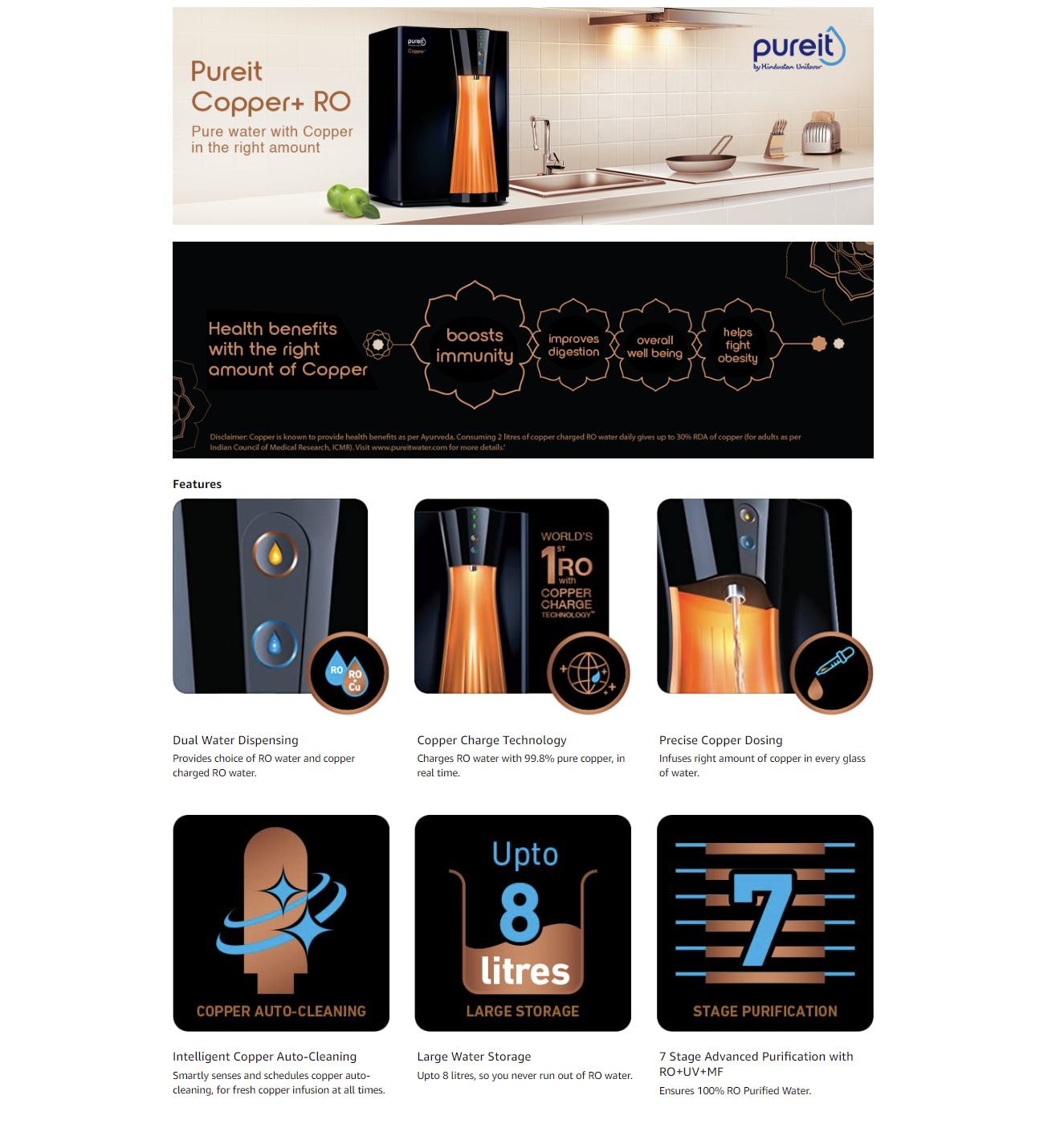 Pureit Copper Plus Mineral 8 L RO + UV + MF Water Purifier  (Black, COPPER) (COPRECOMINERALROUVMF)