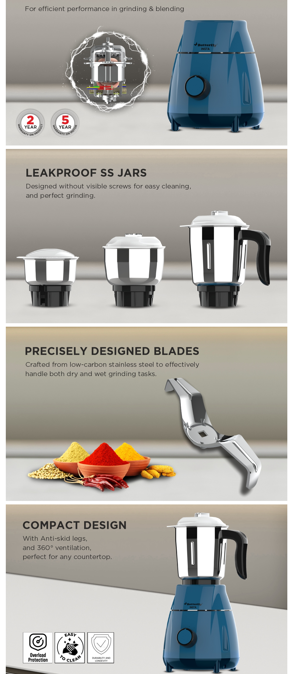 Butterfly Insta 550W Mixer Grinder (3 Jars, INSTA550W3JAR)