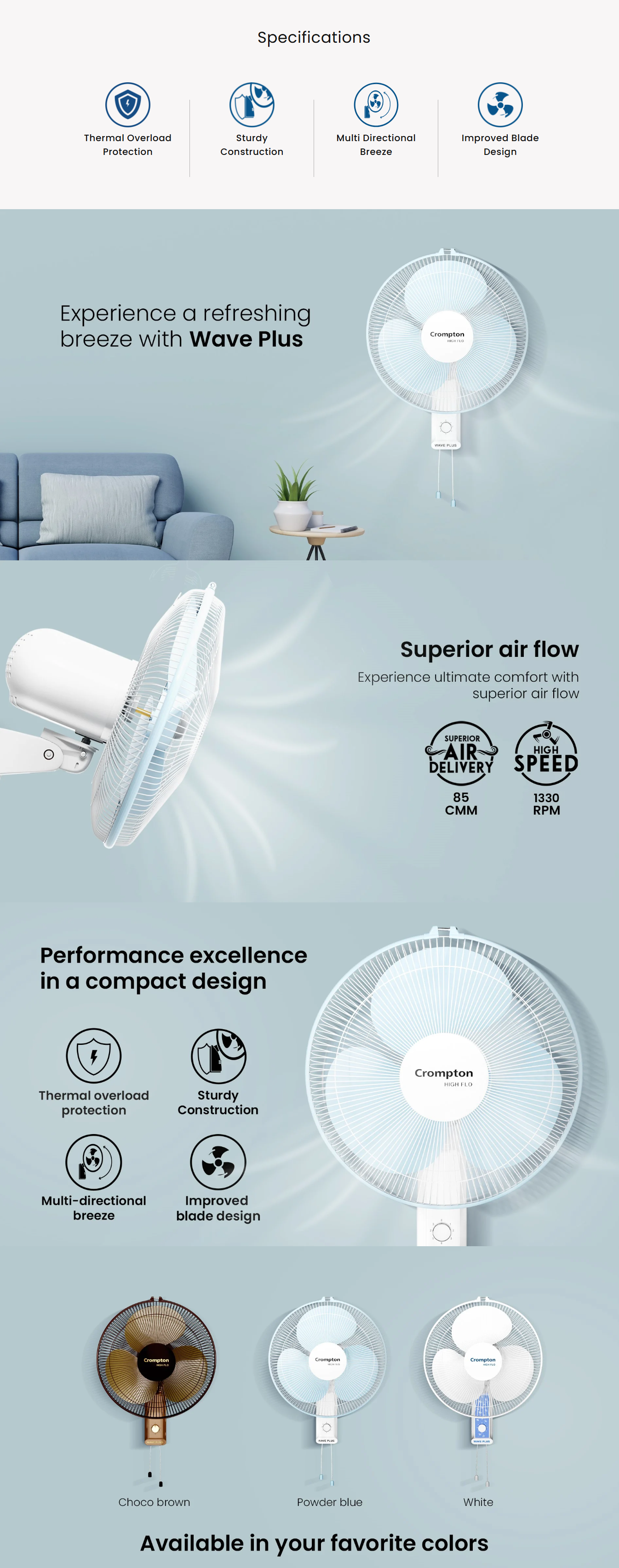 Crompton Hiflo Wave Plus Wall Mounted Fan (All Colors, HIFLOWAVEPLUSBISWMWF)