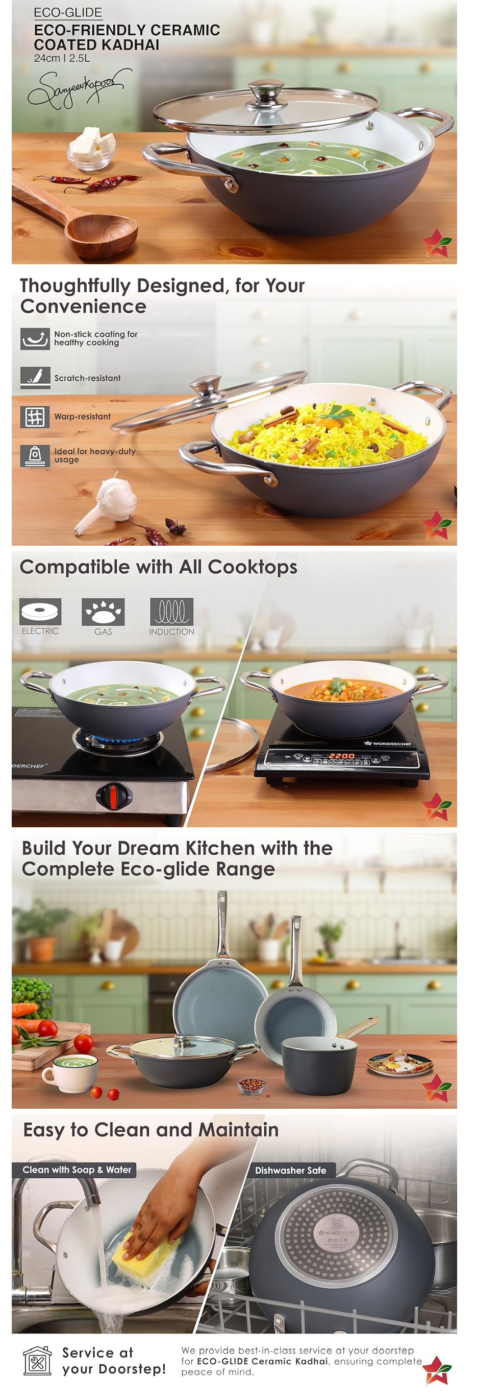 Wonderchef Eco-Glide Kadhai 2.5L with Glass Lid 24cm(WCKGECOGLIDECERA24CM)