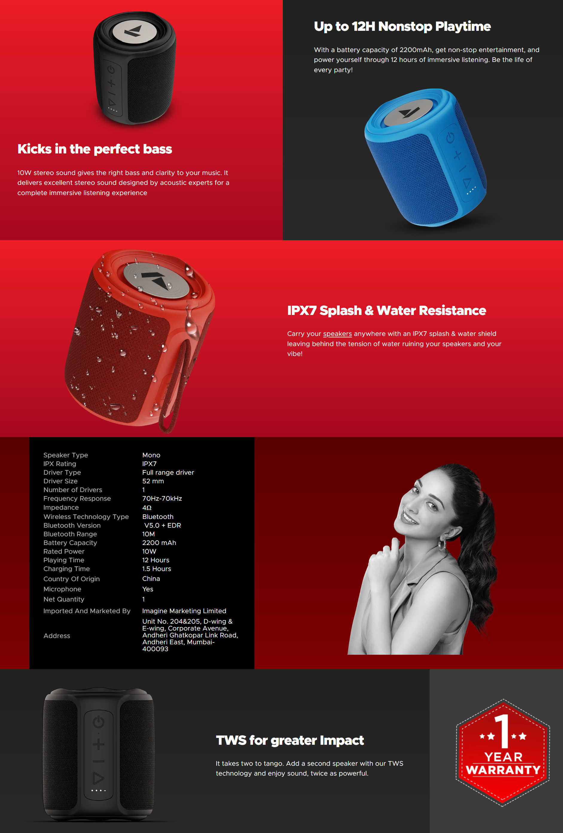 Boat Stone 358 10 W Bluetooth Speaker  (Red, Mono Channel) (BOATPBTSSTONE35810W)