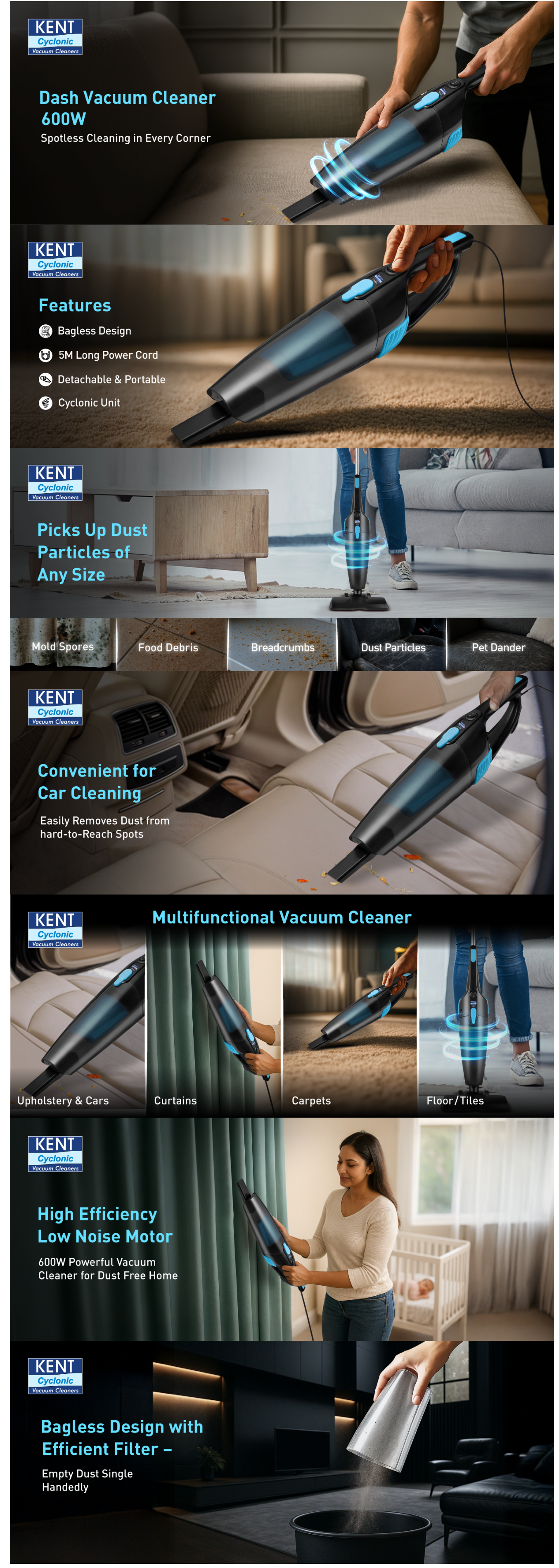 Kent Dash Vacuum Cleaner 600 W With Suction Pressure >16 Kpa (Bagless Design, DASH)