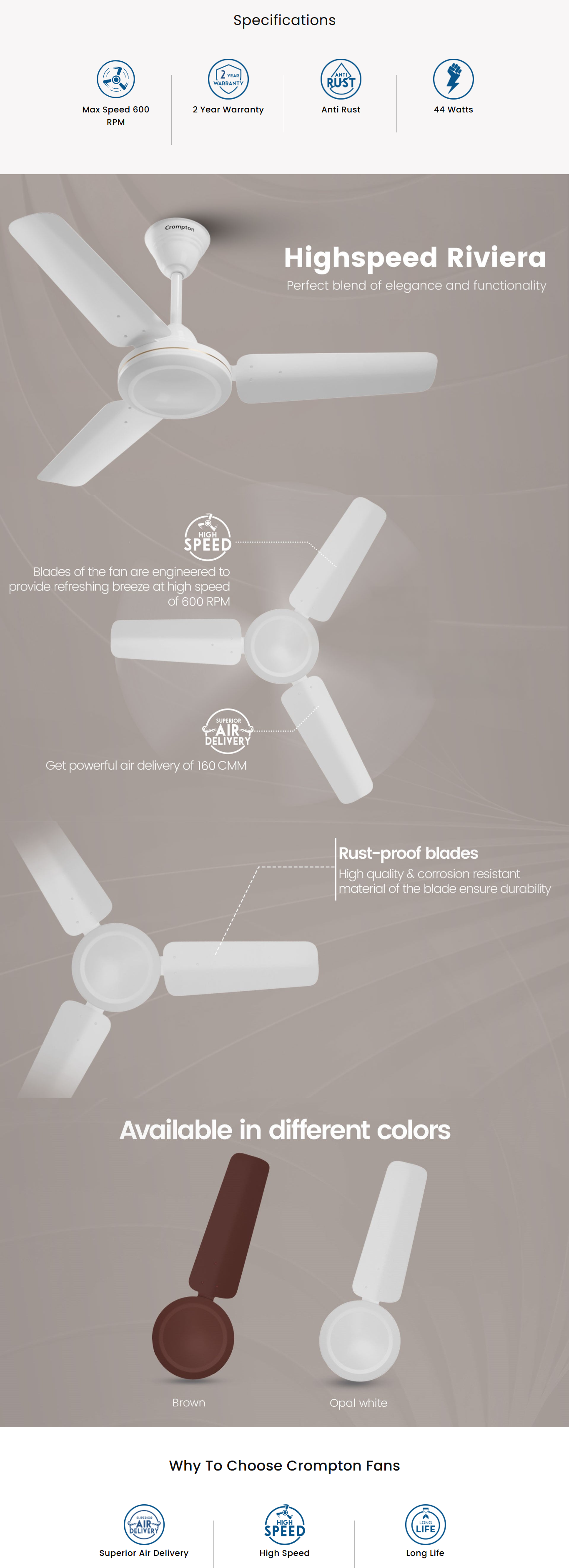 Crompton High Speed Riviera 1 Star Rated Ceiling Fan (All Colours, 48RIVIERA1Z1S)
