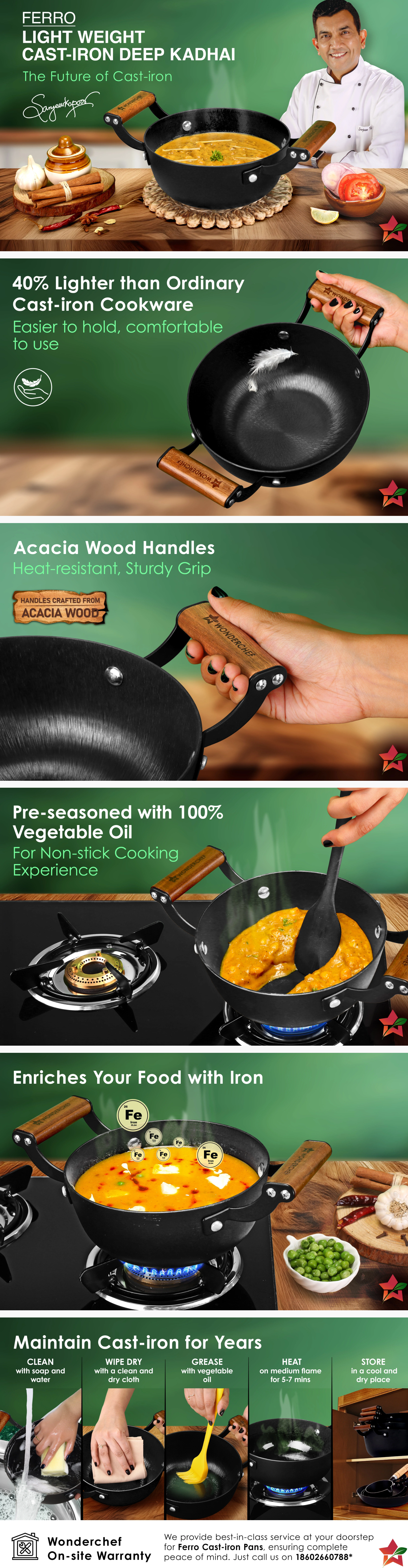 Wonderchef Ferro Light-weight Cast-iron Deep Kadhai, 20cm, 40% Lighter, Pre-seasoned with 100% Vegetable Oil (WCIDKHFERROCAST20CM)