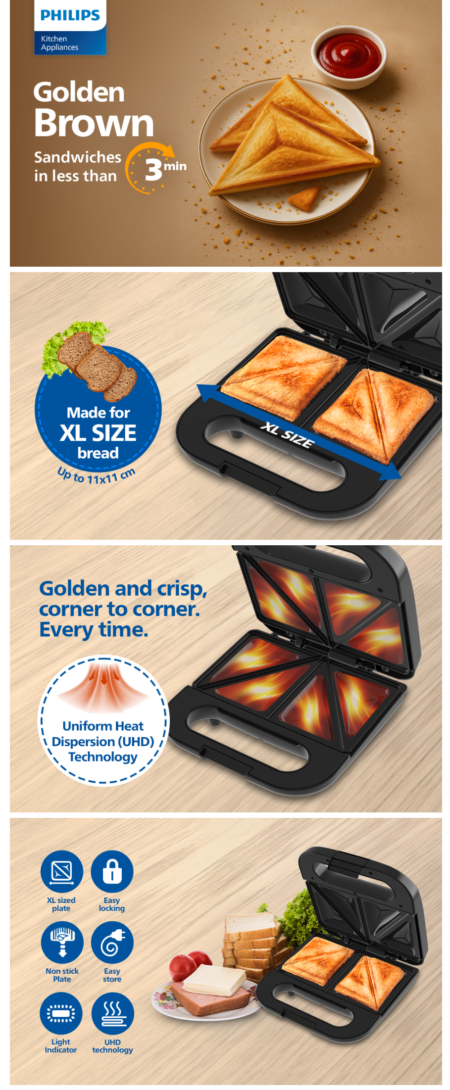Philips HD3000/80 Sandwich Maker Toast (800W, UHD Plates, HD3000)