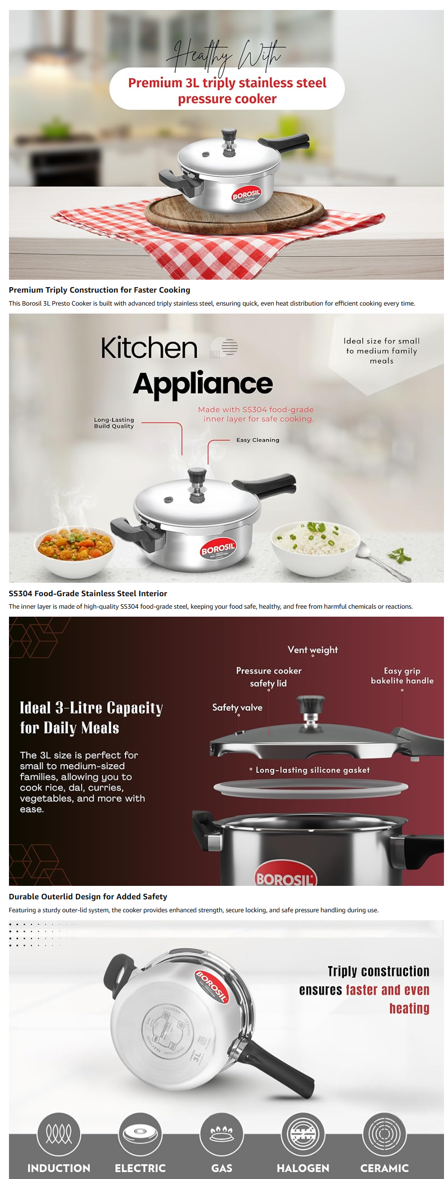 Borosil Presto Triply Outer Lid Stainless Steel Pressure Cooker (5L, BRSPCSTRIPLYPRESTO5L)