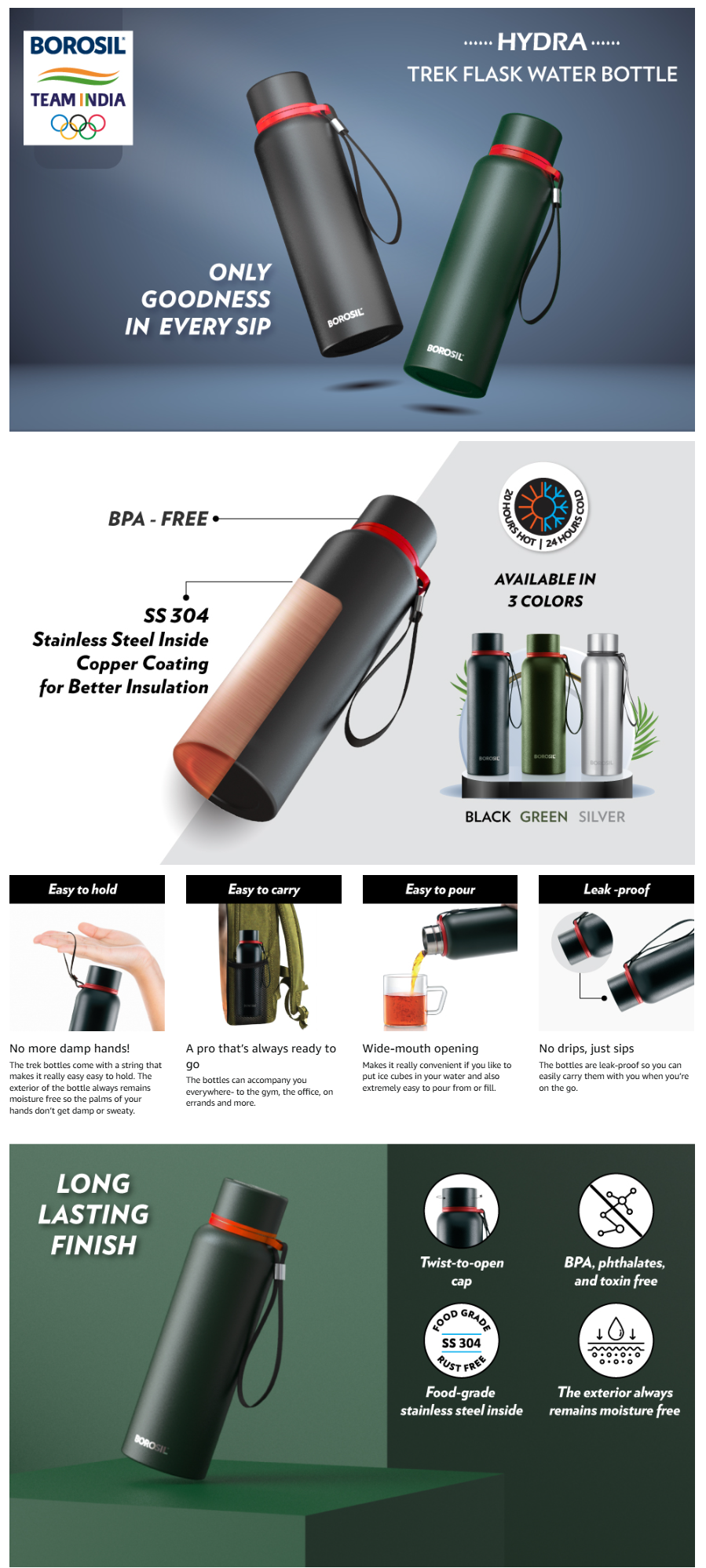Borosil Hydra Trek 850ml Stainless Steel Black Double Wall Vacuum Insulated Flask Water Bottle (BRSTREK850)