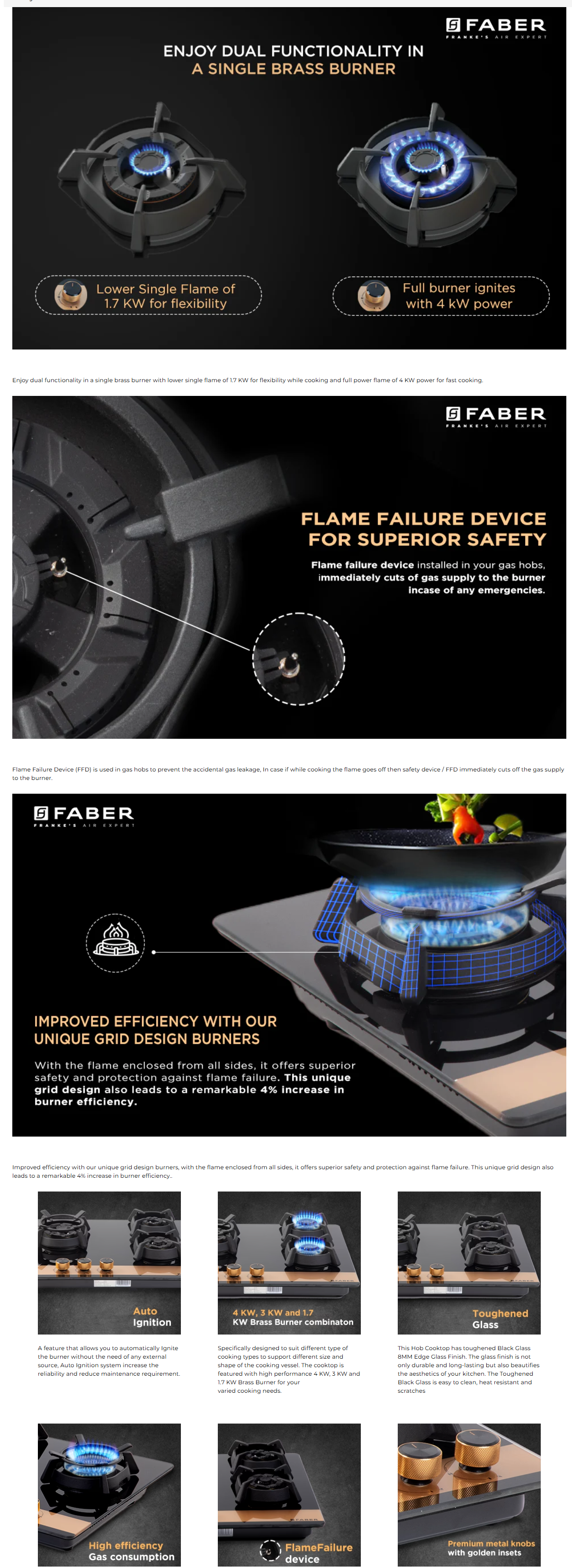 Faber Utopia Pro HT 704 BR CI Toughened Glass Top 4 Burner Automatic Hob (Flame Failure Device, Black, UTOPIAPROHT704BRCI)