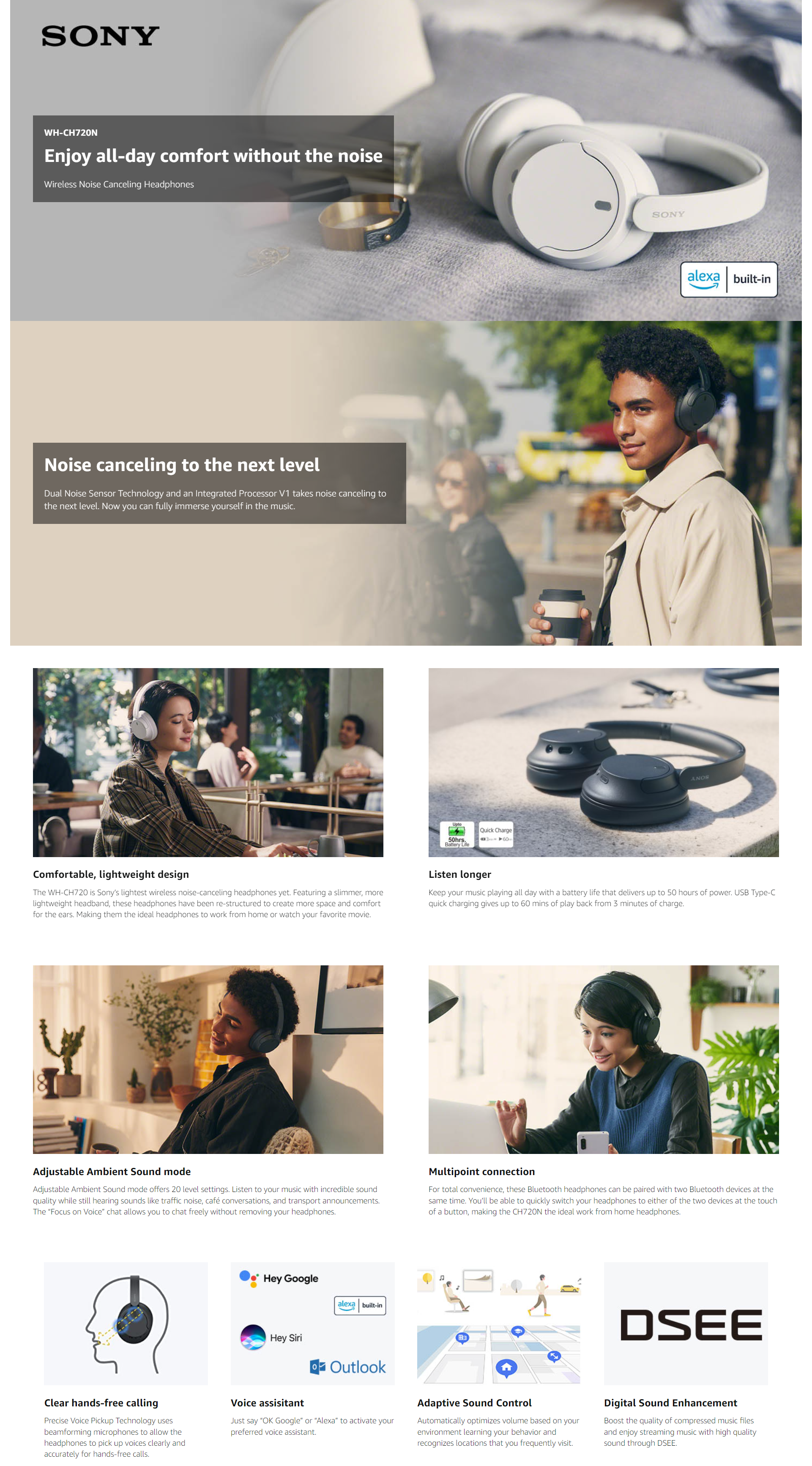 Sony WH-CH720N, Wireless Over-Ear Active Noise Cancellation Headphones with Mic (SONYWHPWHCH720N)