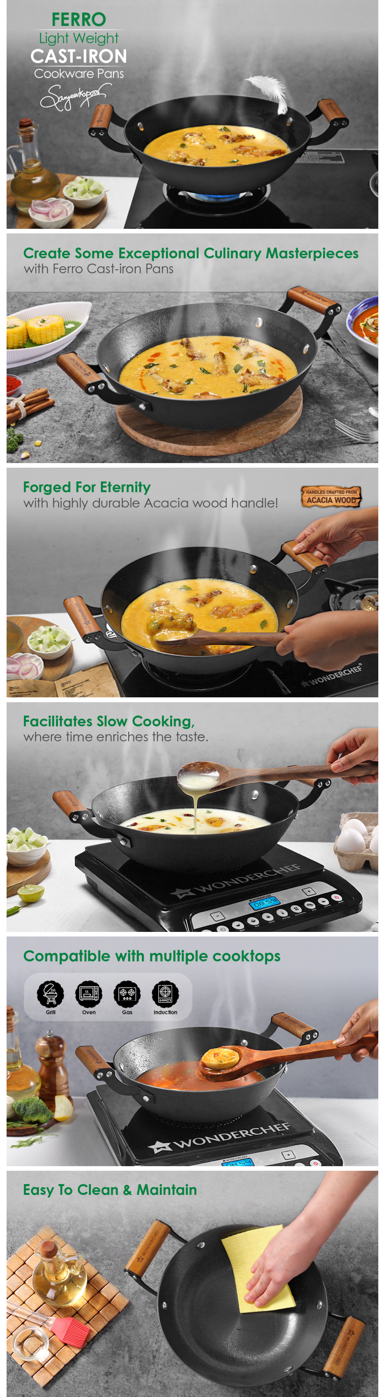 Wonderchef Pre-Seasoned Ferro Light 24cm Kadhai 2.3L Acacia Wooden Handles (WCIKHFERROCAST24CM)