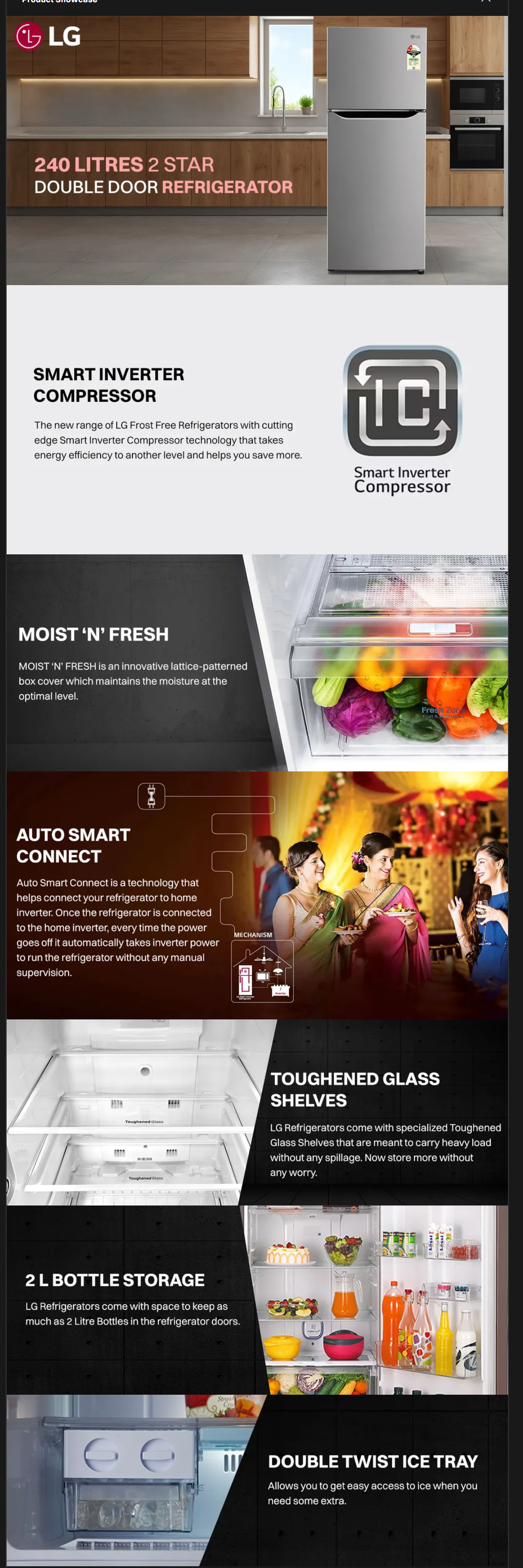 LG 240 Litres 2 Star Frost Free Double Door Convertible Refrigerator (GLS292SPZY)