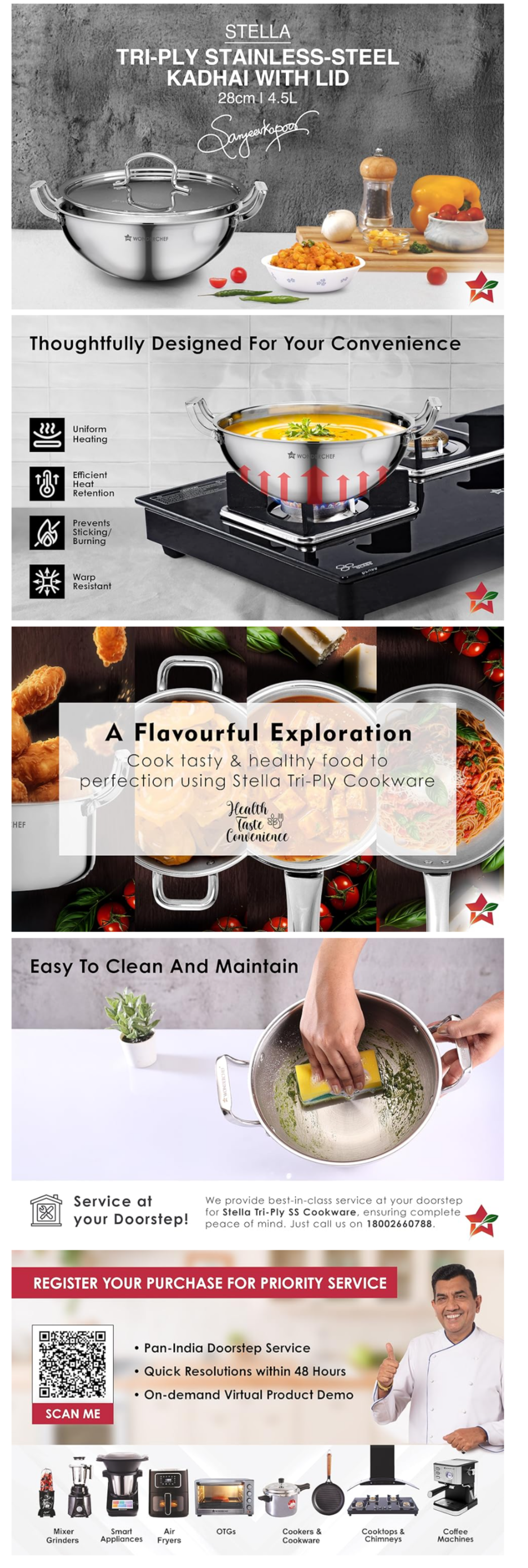 Wonderchef Stella Triply Stainless Steel Kadhai with Lid (WCKHSTELLATRIPLY28CM)