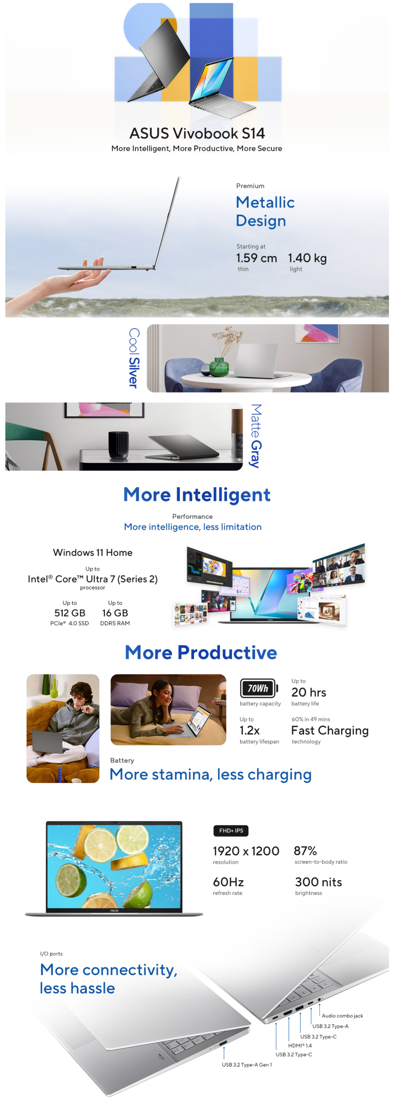 ASUS Vivobook S14, Intel Core Ultra 7 255H, 16GB RAM, 512GB SSD, FHD+ 14", Windows 11 Laptop (ASUSS3407CALY084WS)