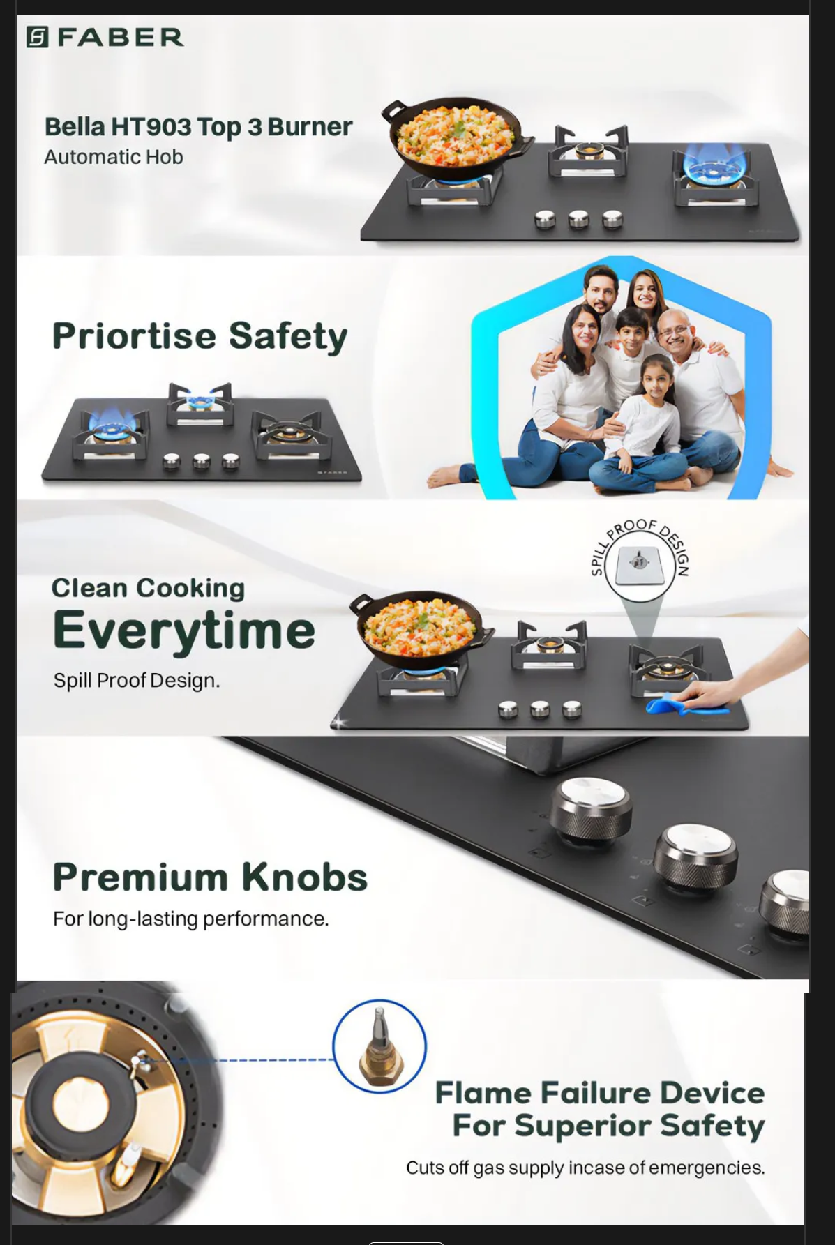 FABER BELLA HT 903 BR AI FFD Glass Top 3 Burner Automatic Hob (BELLAHT903BRAIFFD)