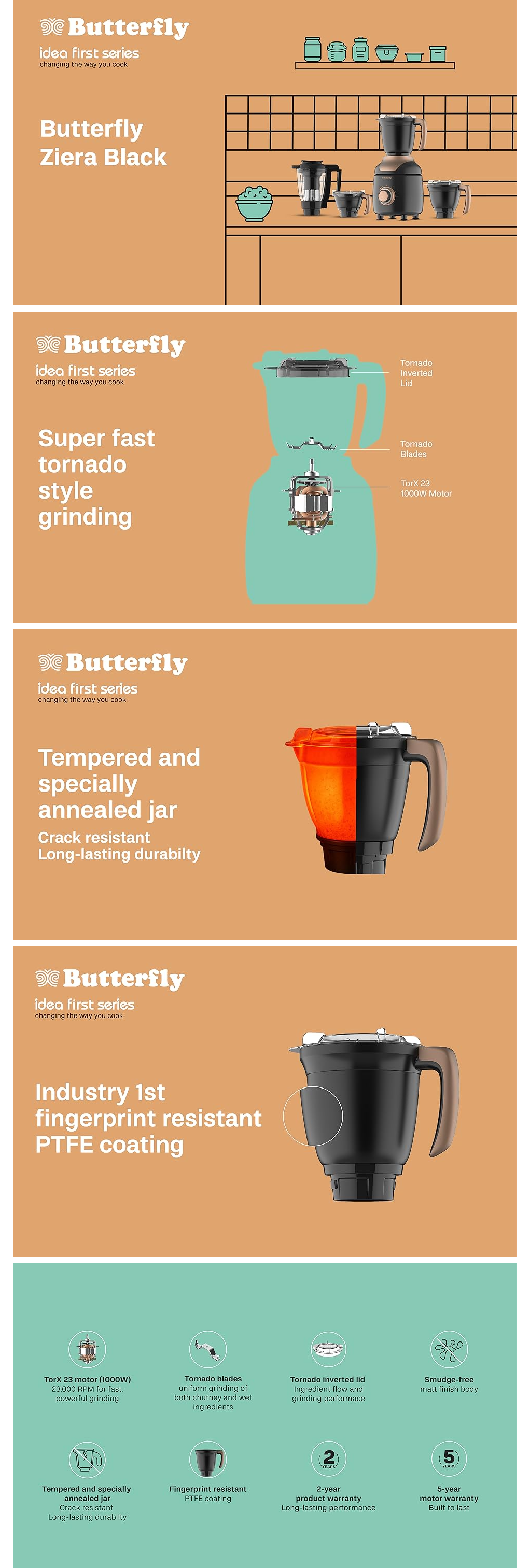 Butterfly Ziera Black 1000 Watt 4 Jars Mixer Grinder (23000 RPM, Black, ZIERABLACK1000W4JAR)