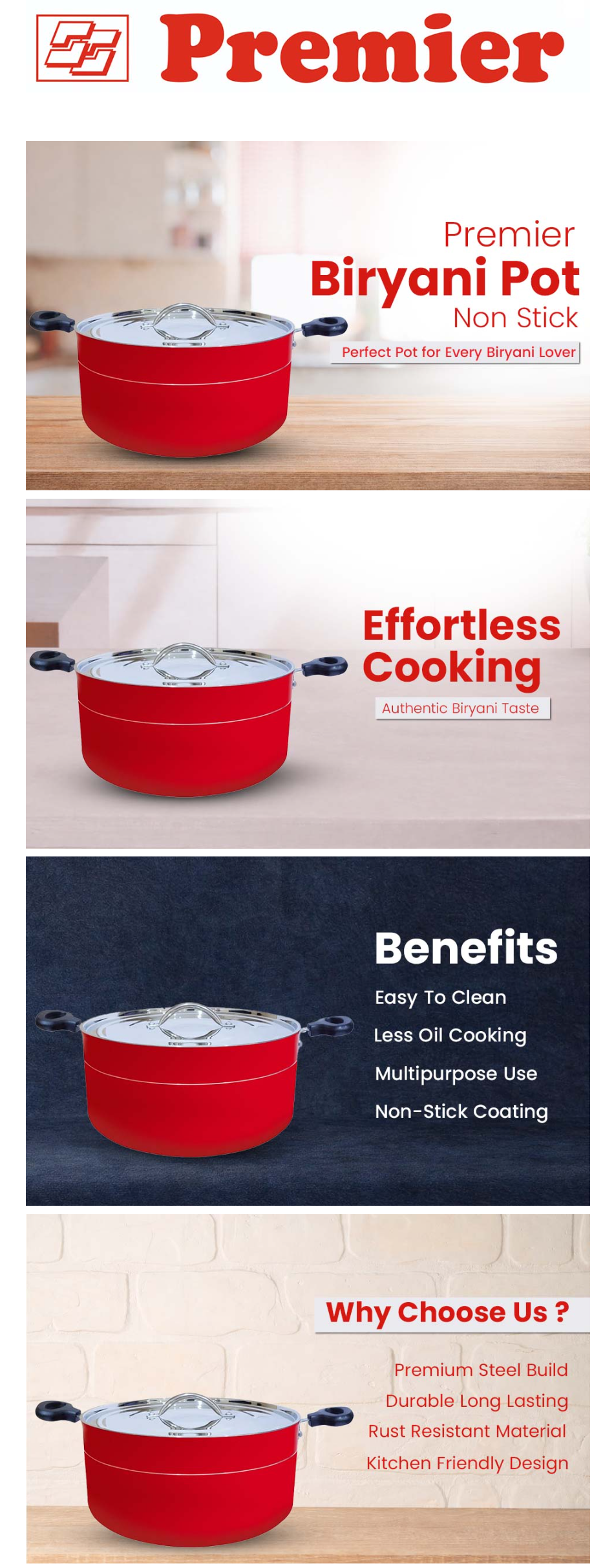 Premier Non Stick Biryani Pot with Stainless Steel Lid 900 ml (BRIYANIPOTSSLID900ML)