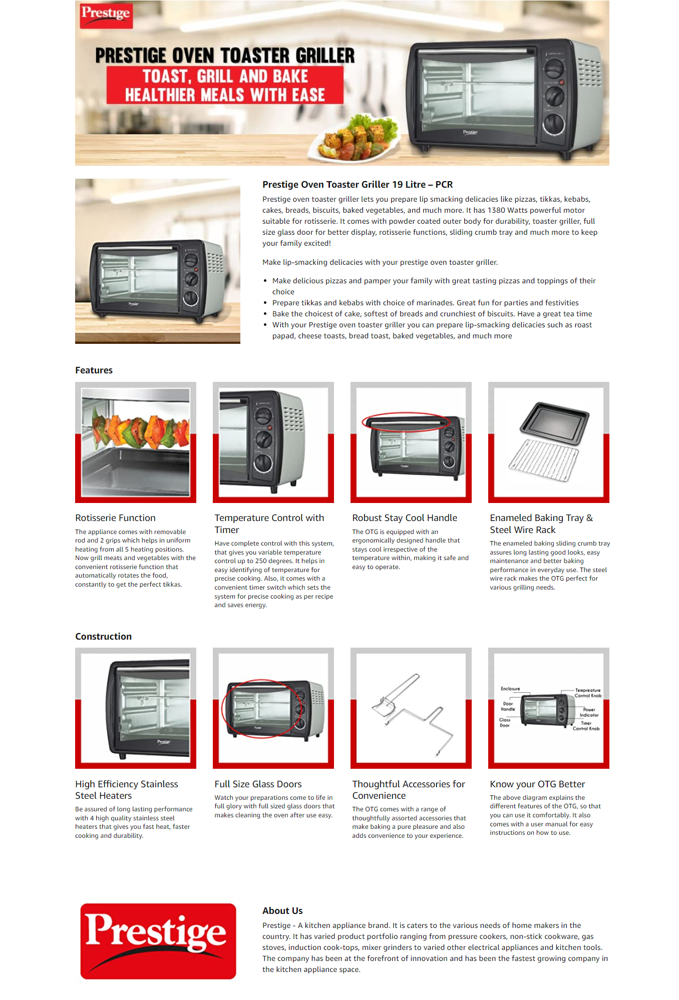 Prestige POTG 19 PCR 1380-Watt Oven Toaster Grill (19PCROTG)