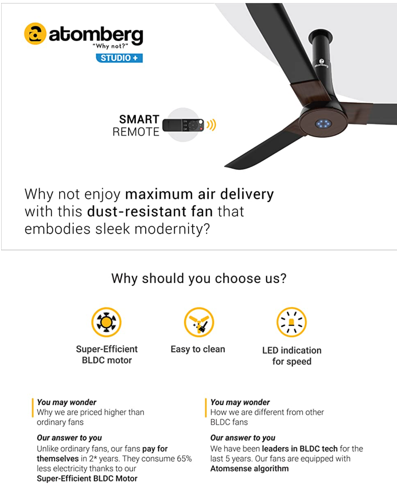 Atomberg Studio Plus 1200 mm BLDC Motor with Remote 3 Blade Ceiling Fan (Earth Brown) (48STUDIOPLUS)