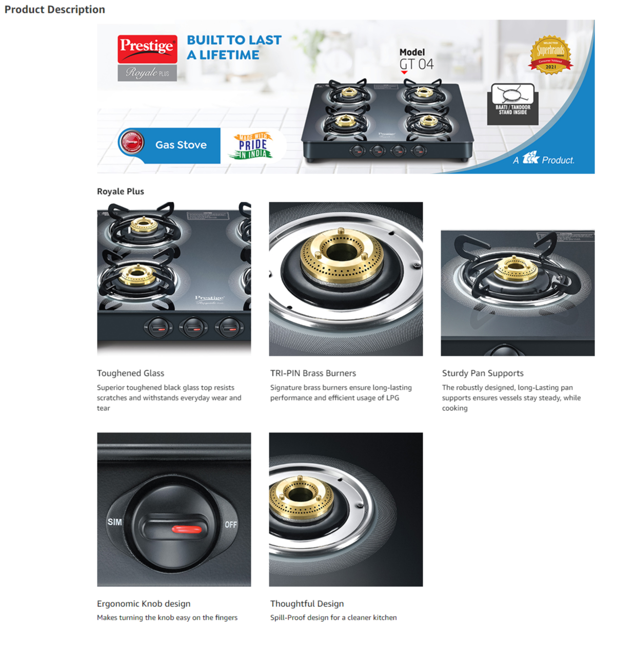 Prestige Royale Plus GT 04 Toughened Black Glass Top Gas Stove (ROYALEPLUSGT04L)